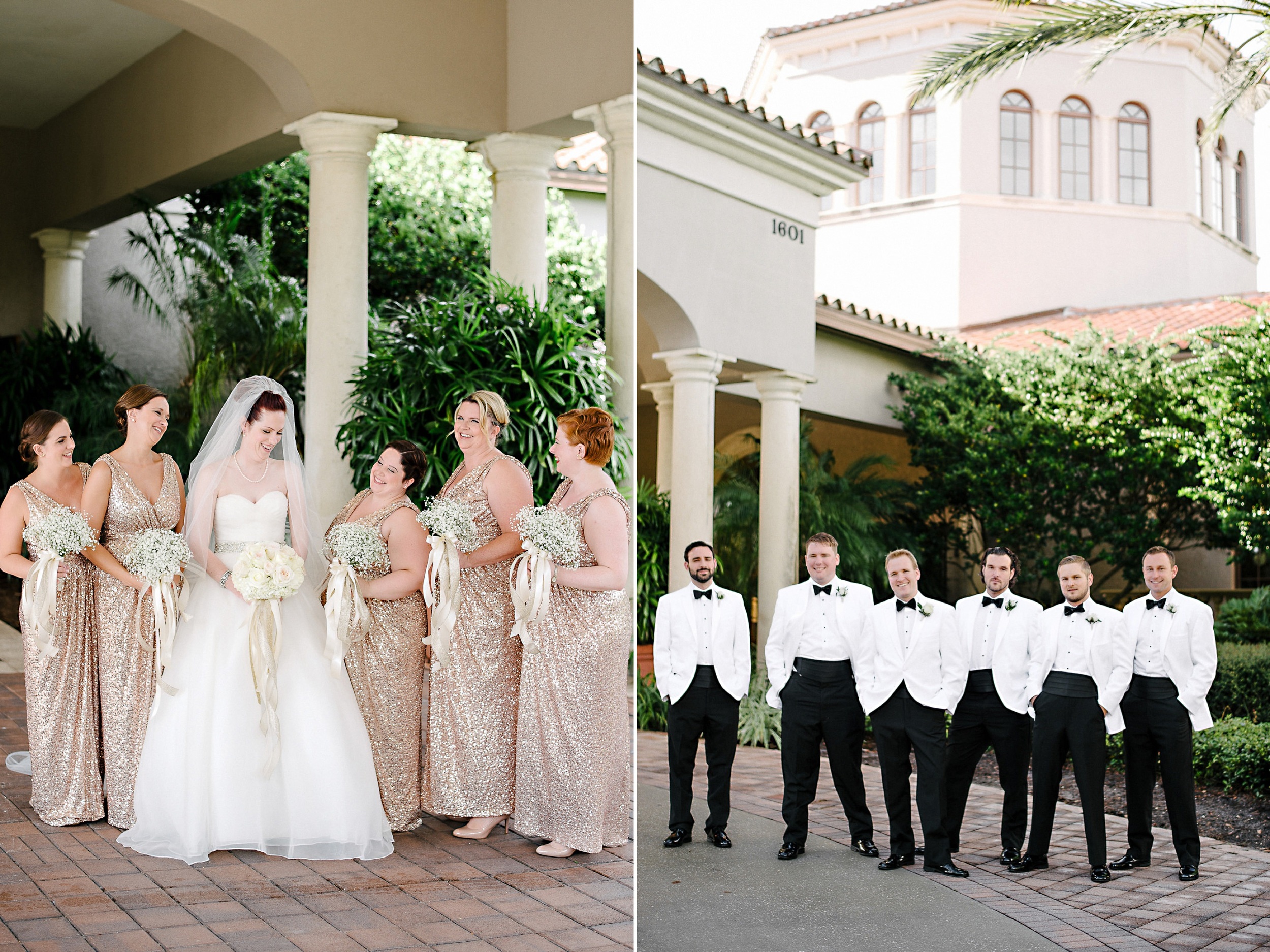 bridesmaidss in floor length rose gold sequin dresses and groomsmen in white dinner jackets