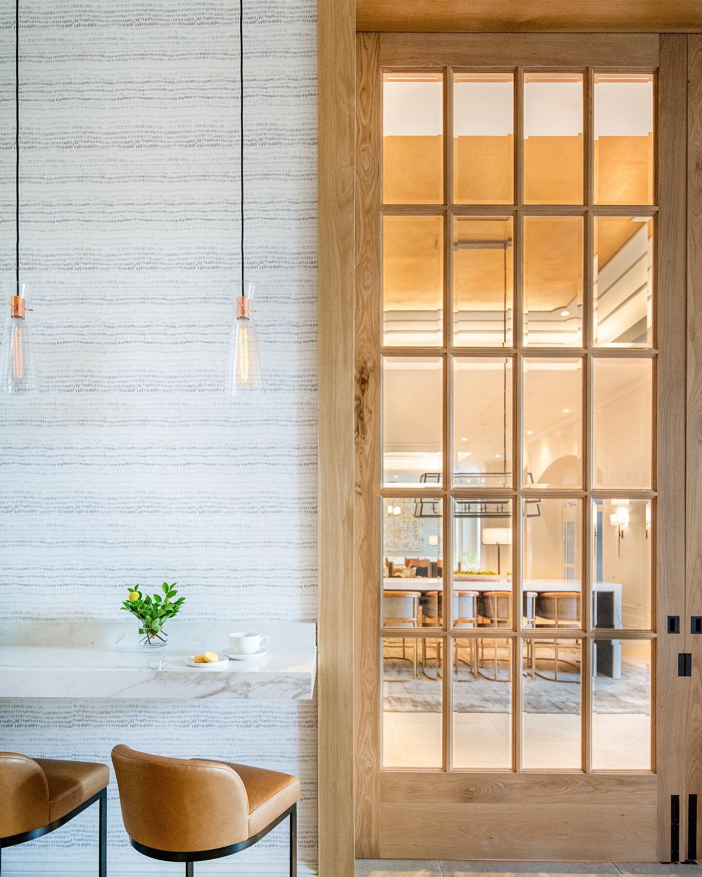 It&rsquo;s all about those details.. including this almost 13&rsquo; tall custom beveled glass pocket door made to match the surrounding millwork at the entrance of the cutest French coffee shop, Le Petit. This coffee shop was added in our renovation