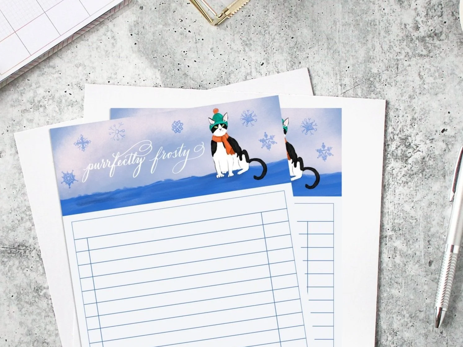 Free Winter Cat Notepad Printable