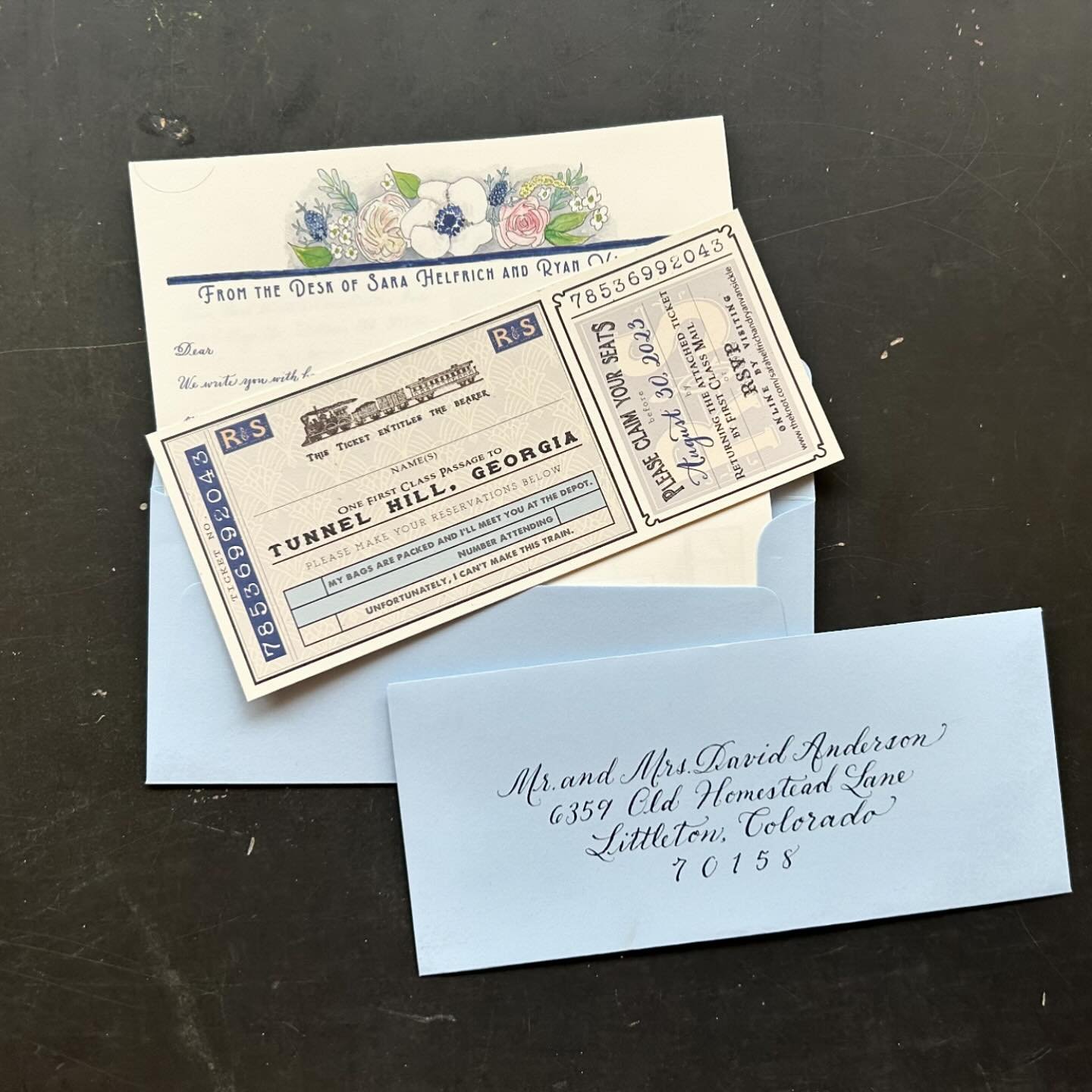 Sara and Ryan had me design a completely custom letterhead to send out a Love Letter wedding invitation with train tickets rsvp. I loved making the custom pattern for the ticket and the floral letterhead! 

#weddinginvitations #weddinginvitation #wed