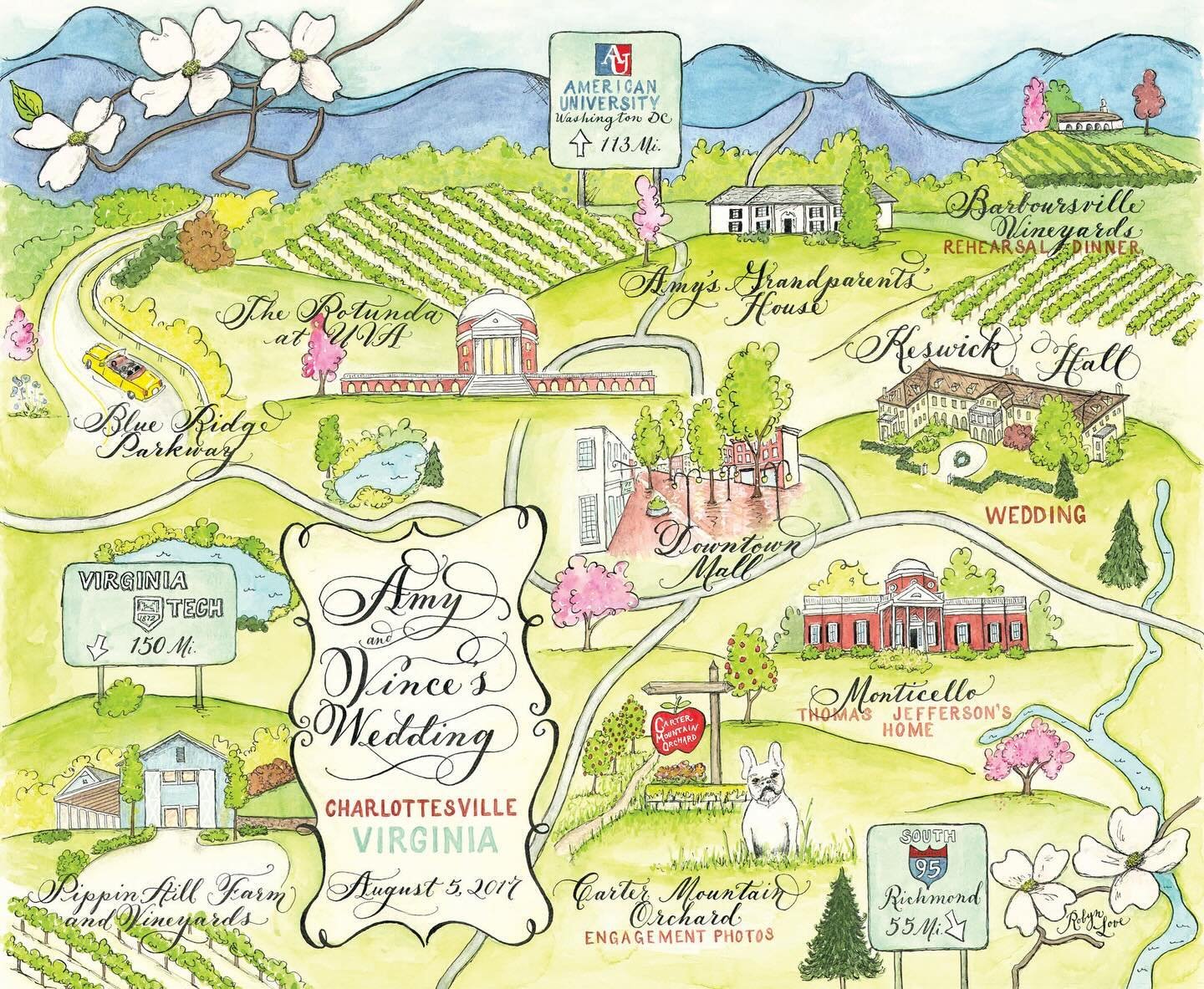 My kids are learning about Thomas Jefferson right now, so I thought I&rsquo;d share a Monticello, Charlottesville map with you. This was a very large original so I got to pack in tons of details! Vineyards, UVA and mountains to surprise their wedding