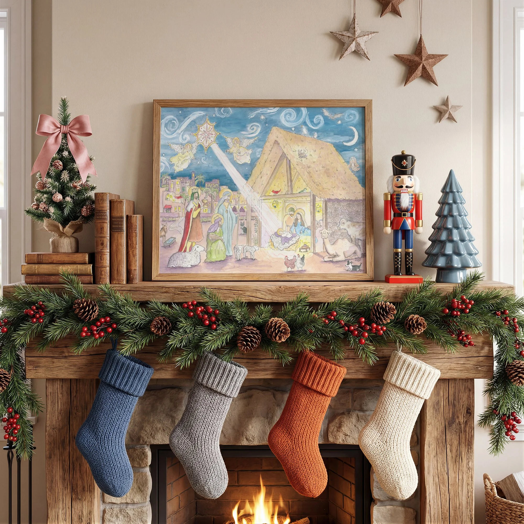 hand painted illustrated Nativity Scene Watercolor Christmas Print
