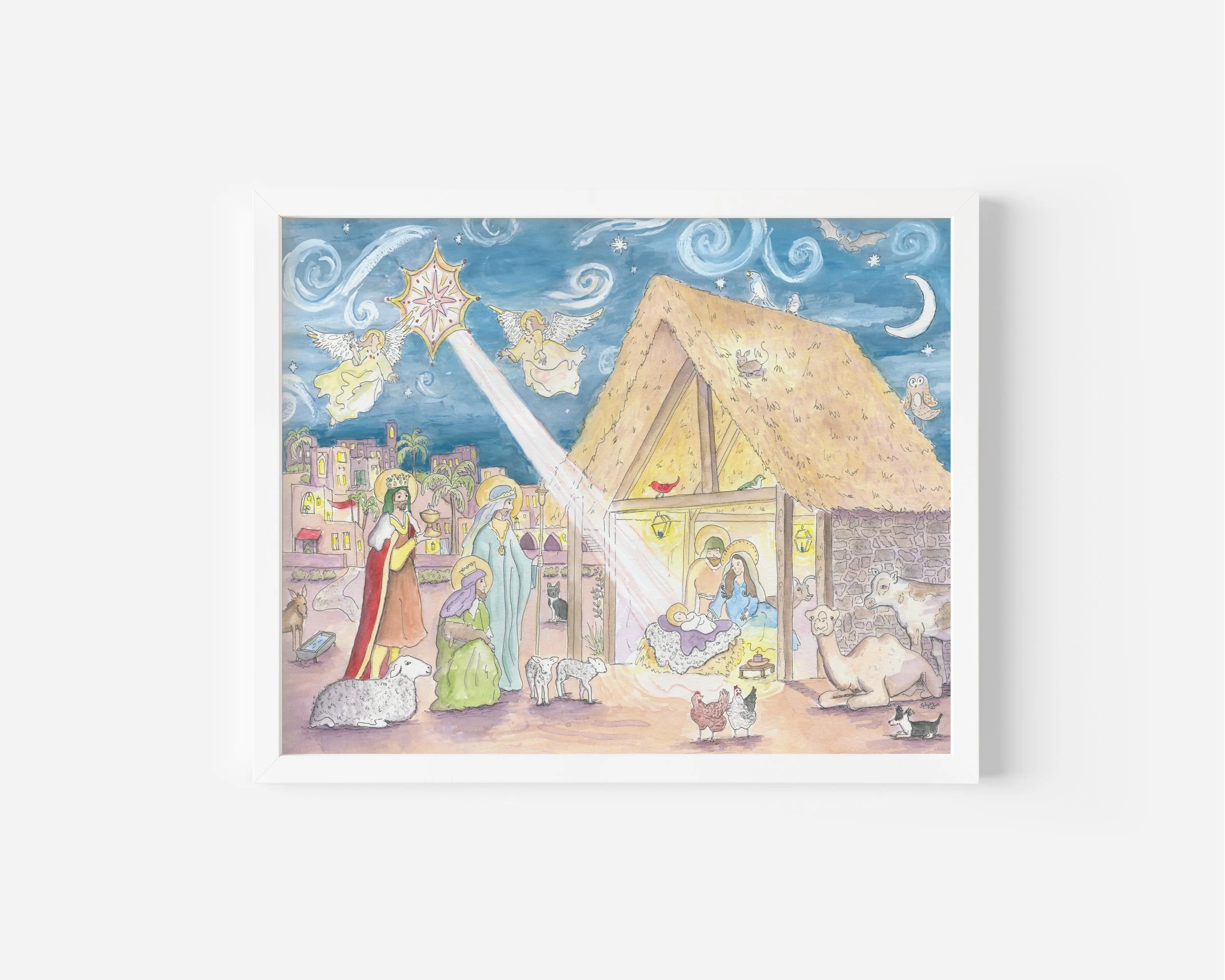 hand painted illustrated Nativity Scene Watercolor Christmas Print hanging on wall
