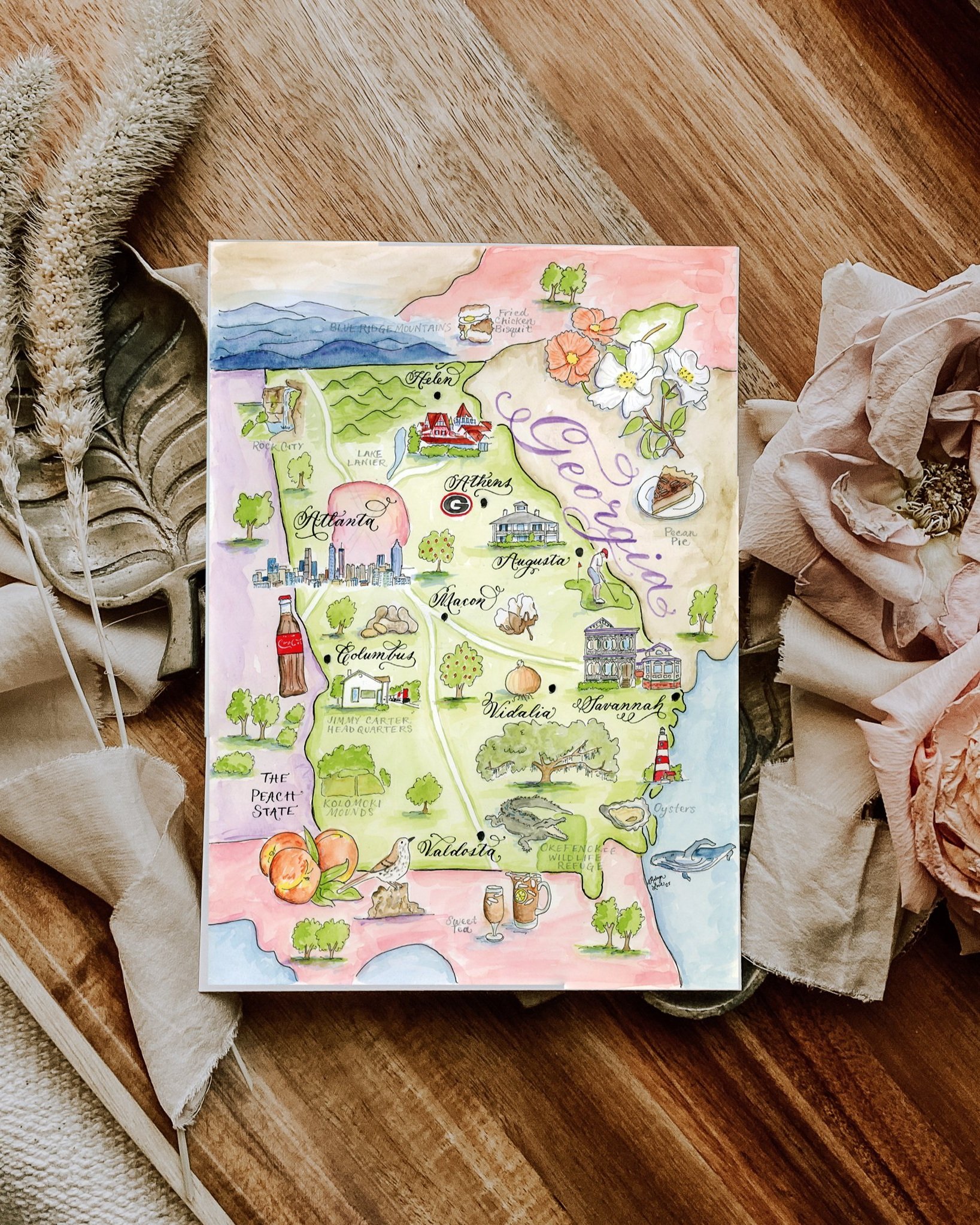 watercolor and calligraphy illustrated map of Georgia greeting cards