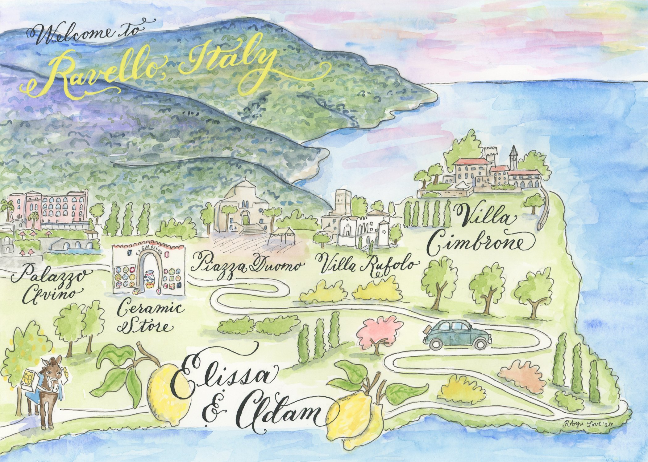 Ravello, Italy watercolor wedding map with calligraphy