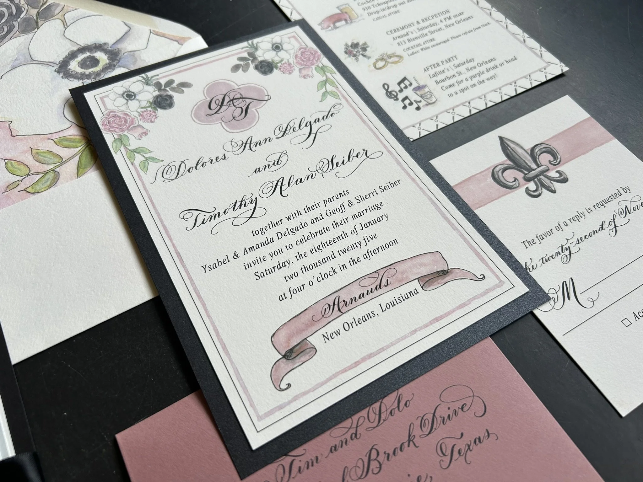 Watercolor Wedding Illustration for invitations, Menus and envelope liners