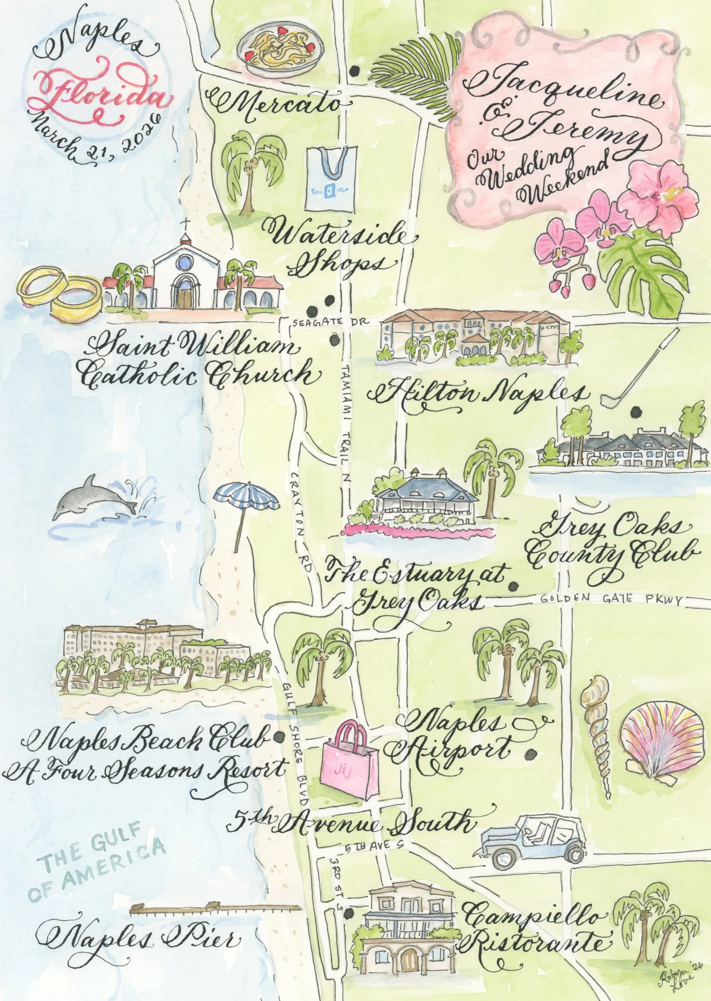 Naples, Florida watercolor wedding map with calligraphy