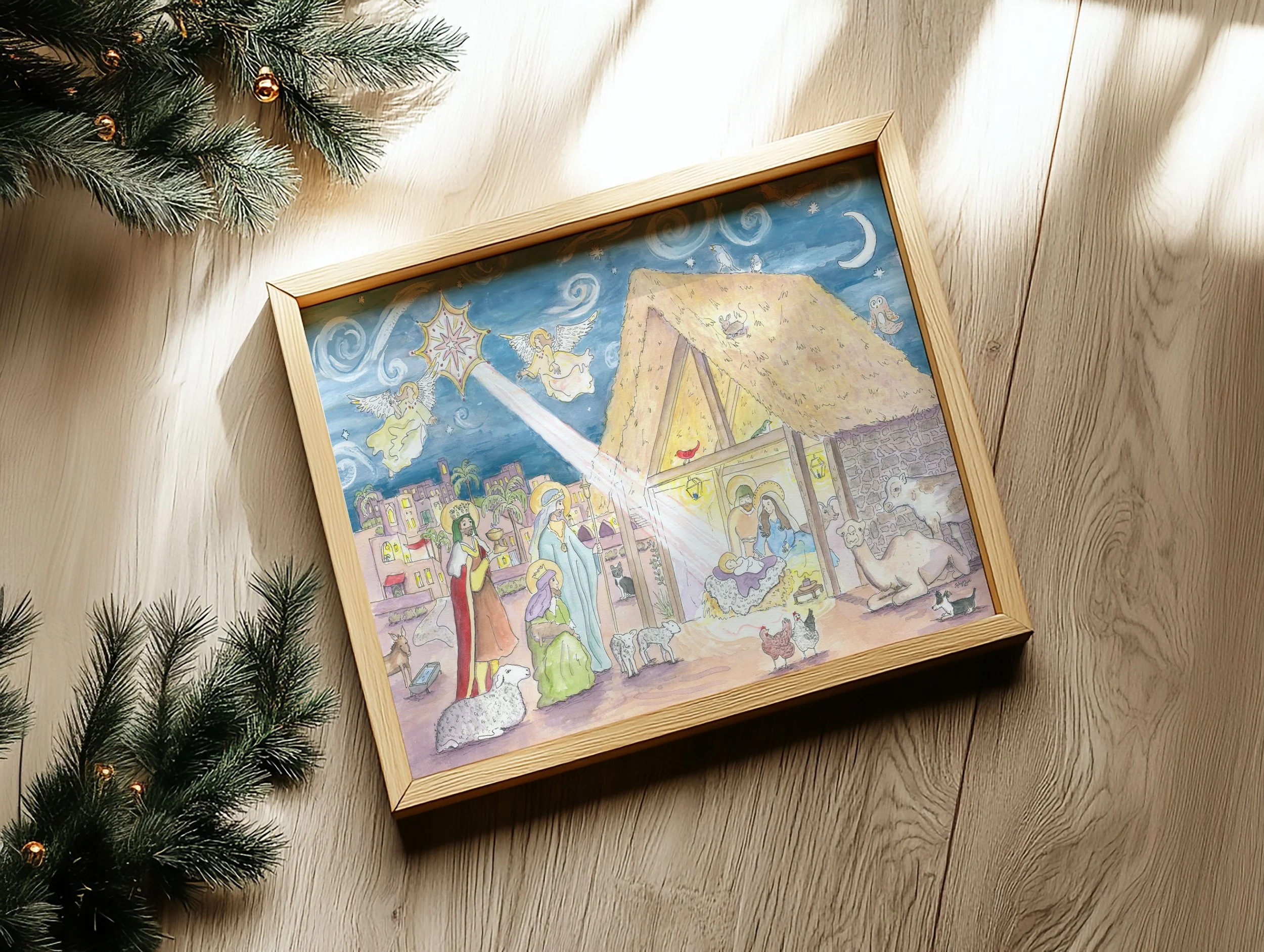 hand painted illustrated Nativity Scene Watercolor Christmas Print in frame