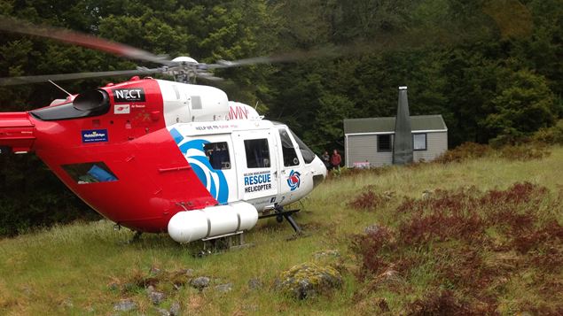 The Nelson Marlborough Rescue helicopter rescues an injured tramper from the Thor Hut in Kahurangi National Park (Supplied)