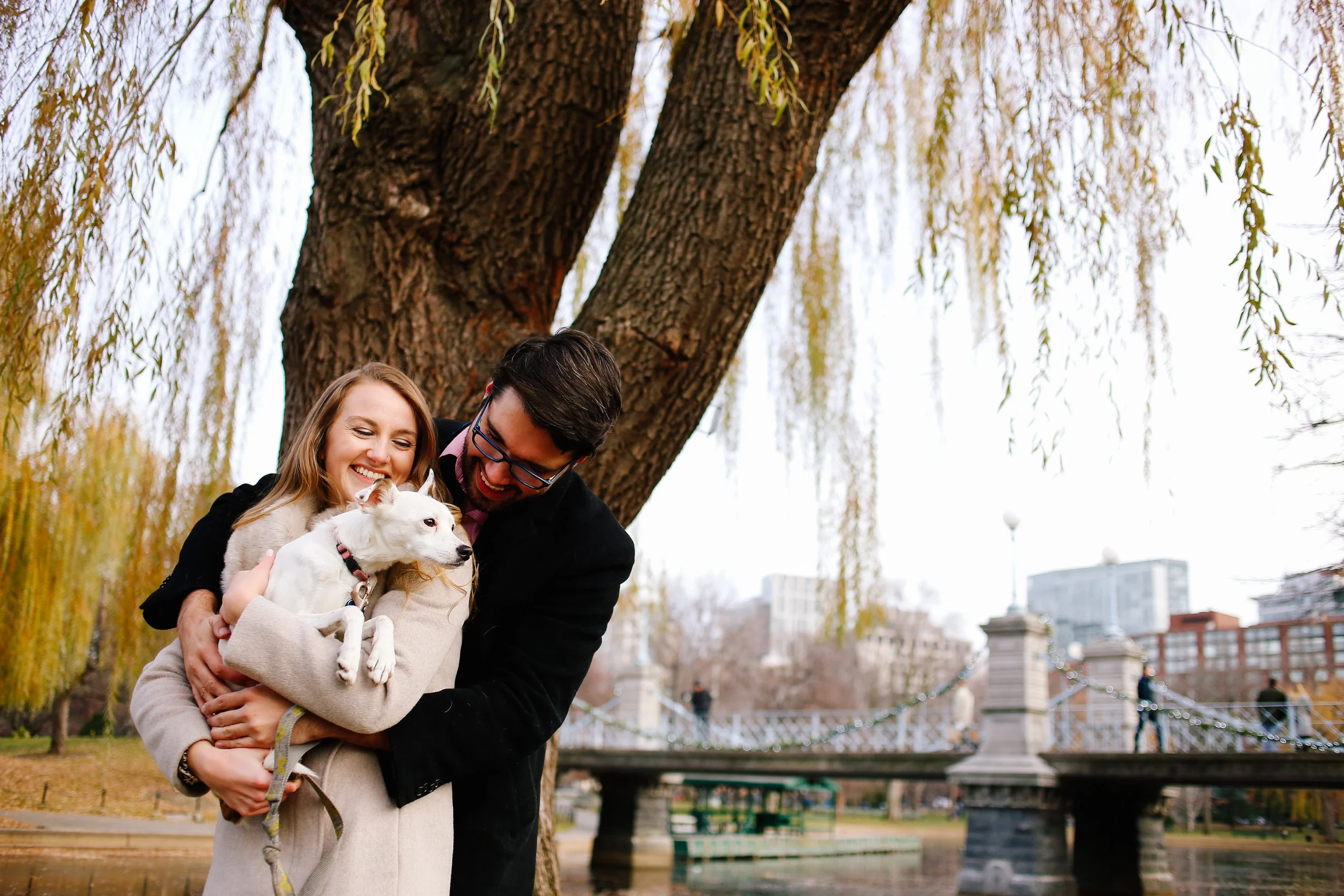 Sarah and Yamil (with August the dog) in the Boston Public Gardens