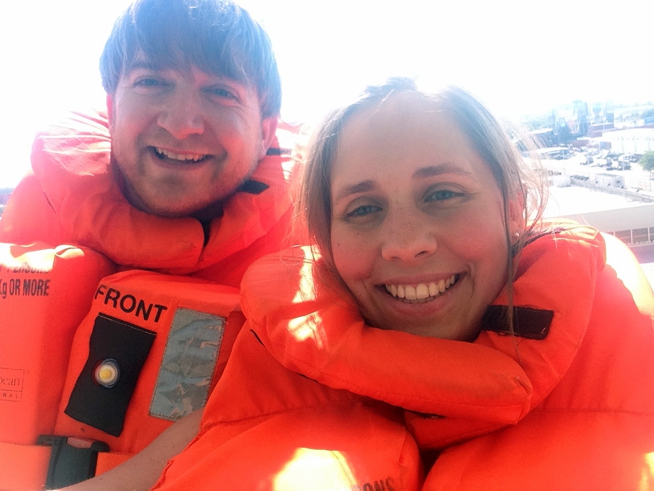 Here we are, testing out our water safety apparel, before our emergency drill.