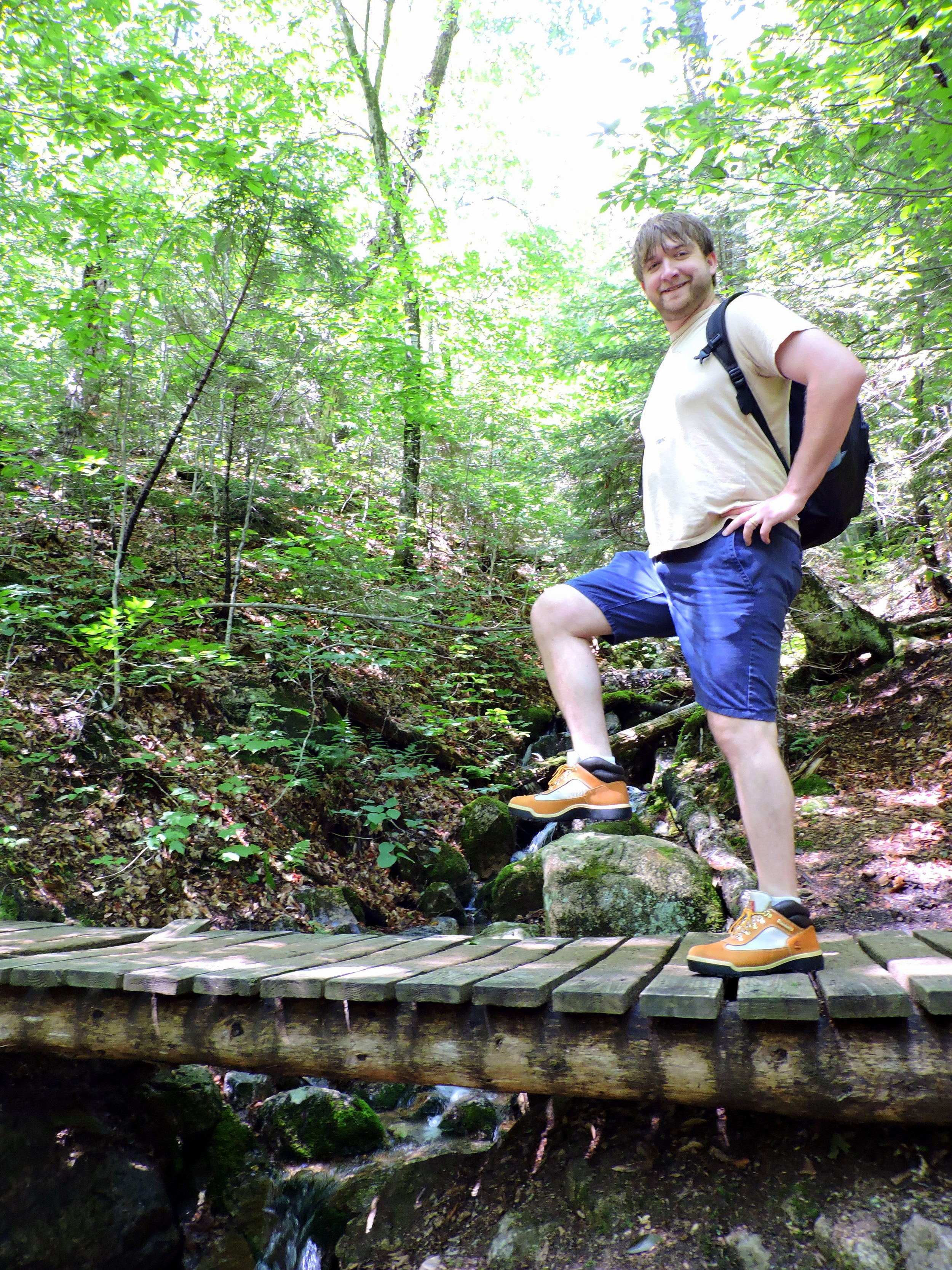 In this photo, Josh demonstrates not only his superb hiking skills, but also his new pair of Timberland hiking boots.