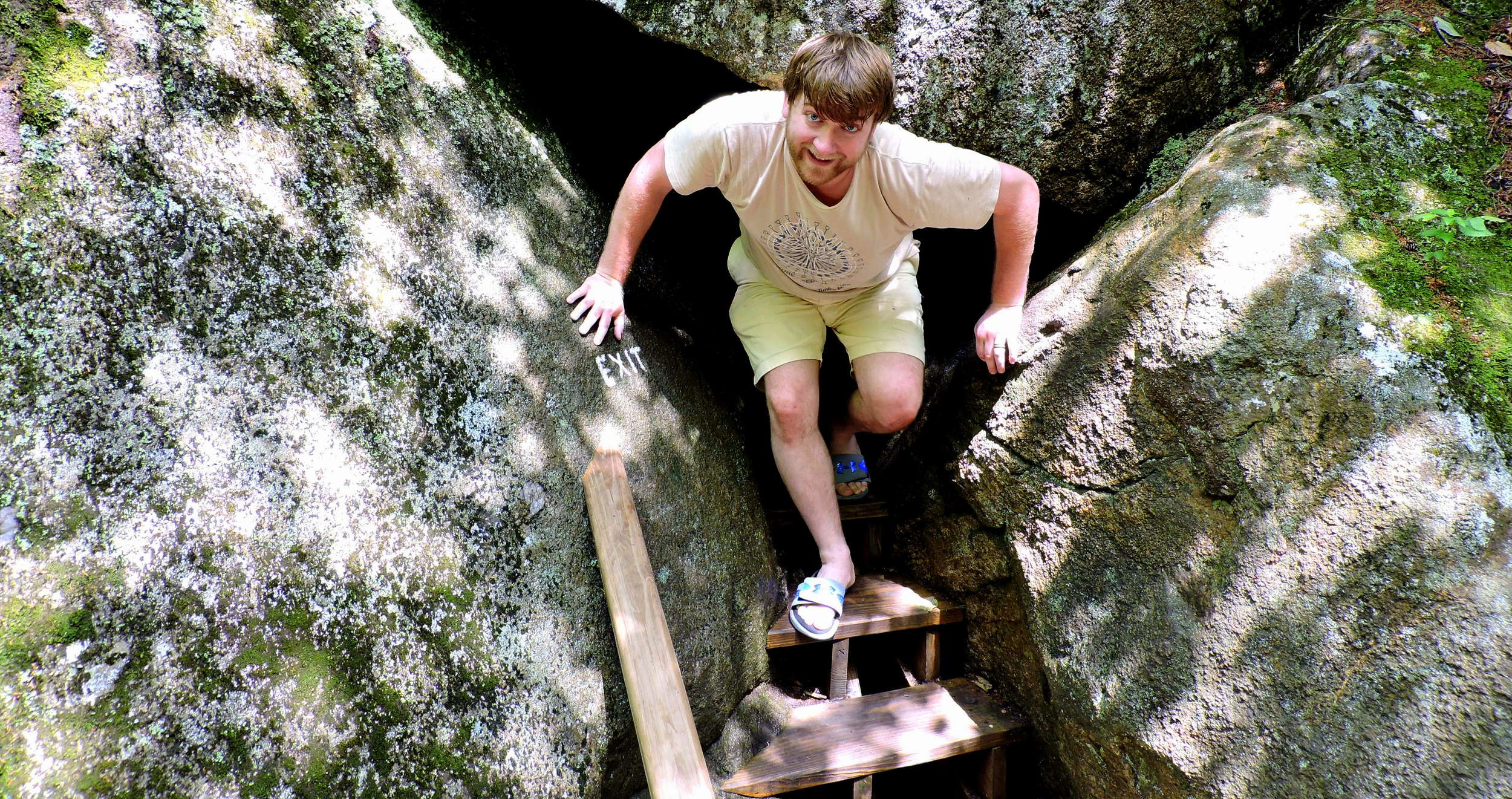 Here Josh displays his impeccable fashion sense, with yellow shorts, a tan shirt, and blue Adidas flipflops.
