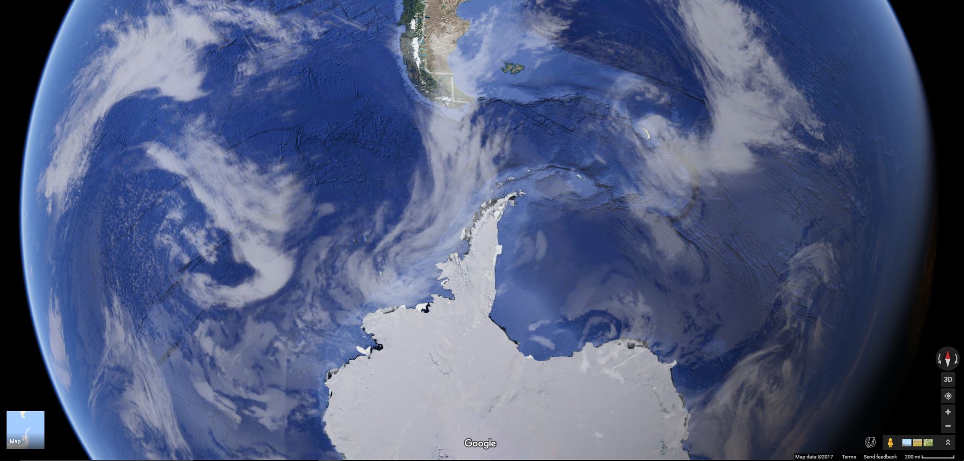 Just in case you don't know where Antarctica is. See that little green tail at the top? That's Chile, South America. Seriously though, go on Google maps sometime and check out the bottom of the planet. 