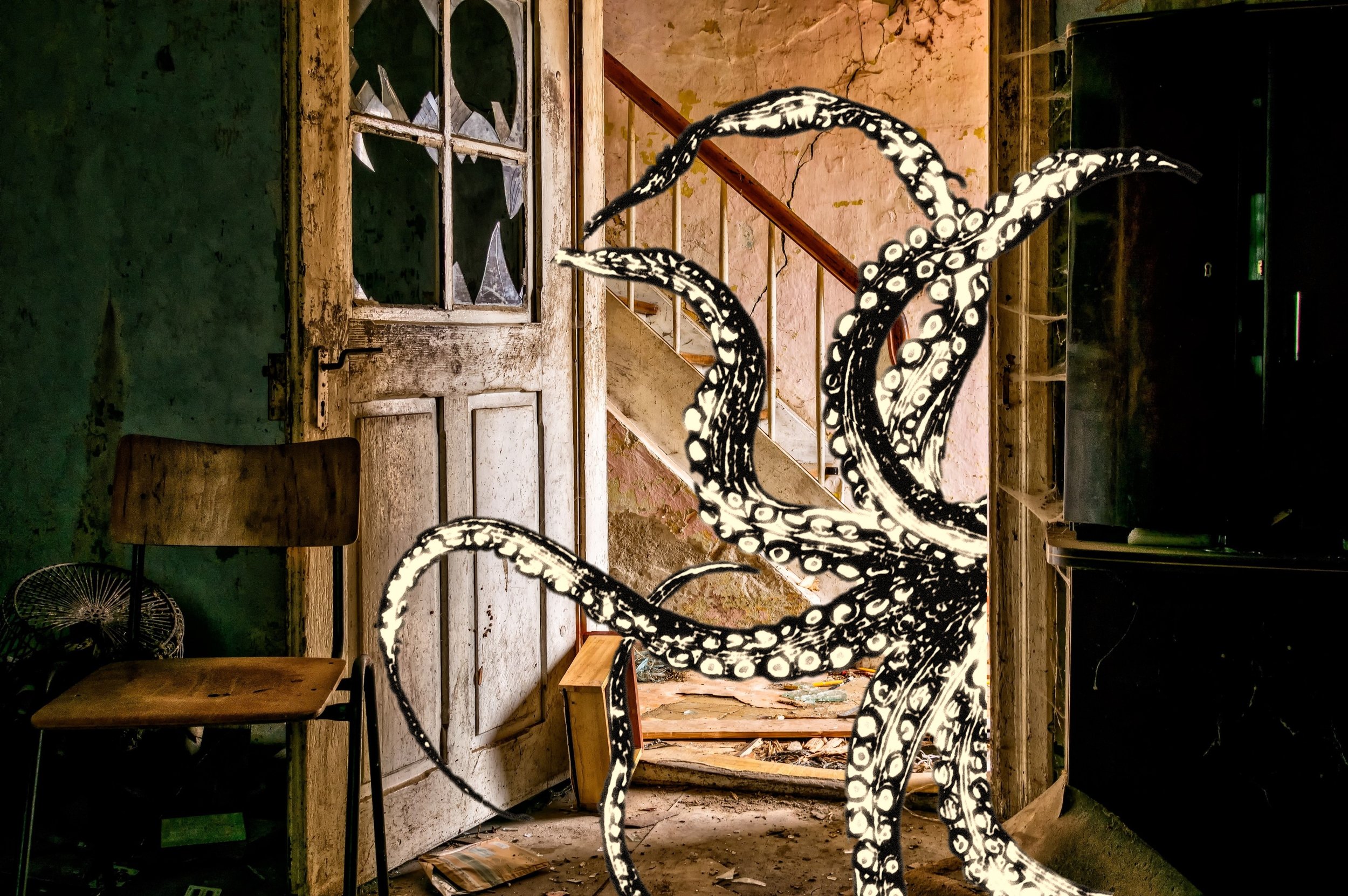 This is a teaser image I made of tentacles in an abandoned house (abandoned places being basically the entire setting for the book).