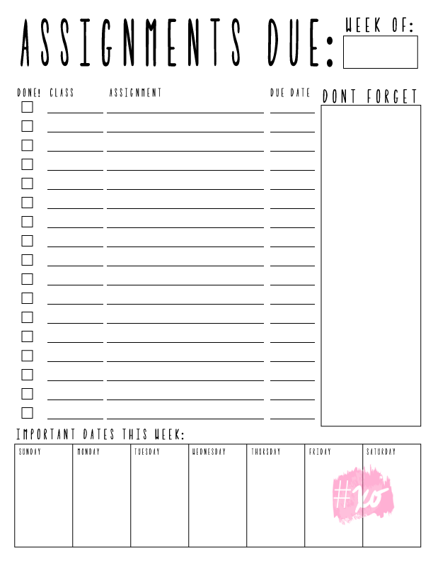 weekly assignment sheet for students