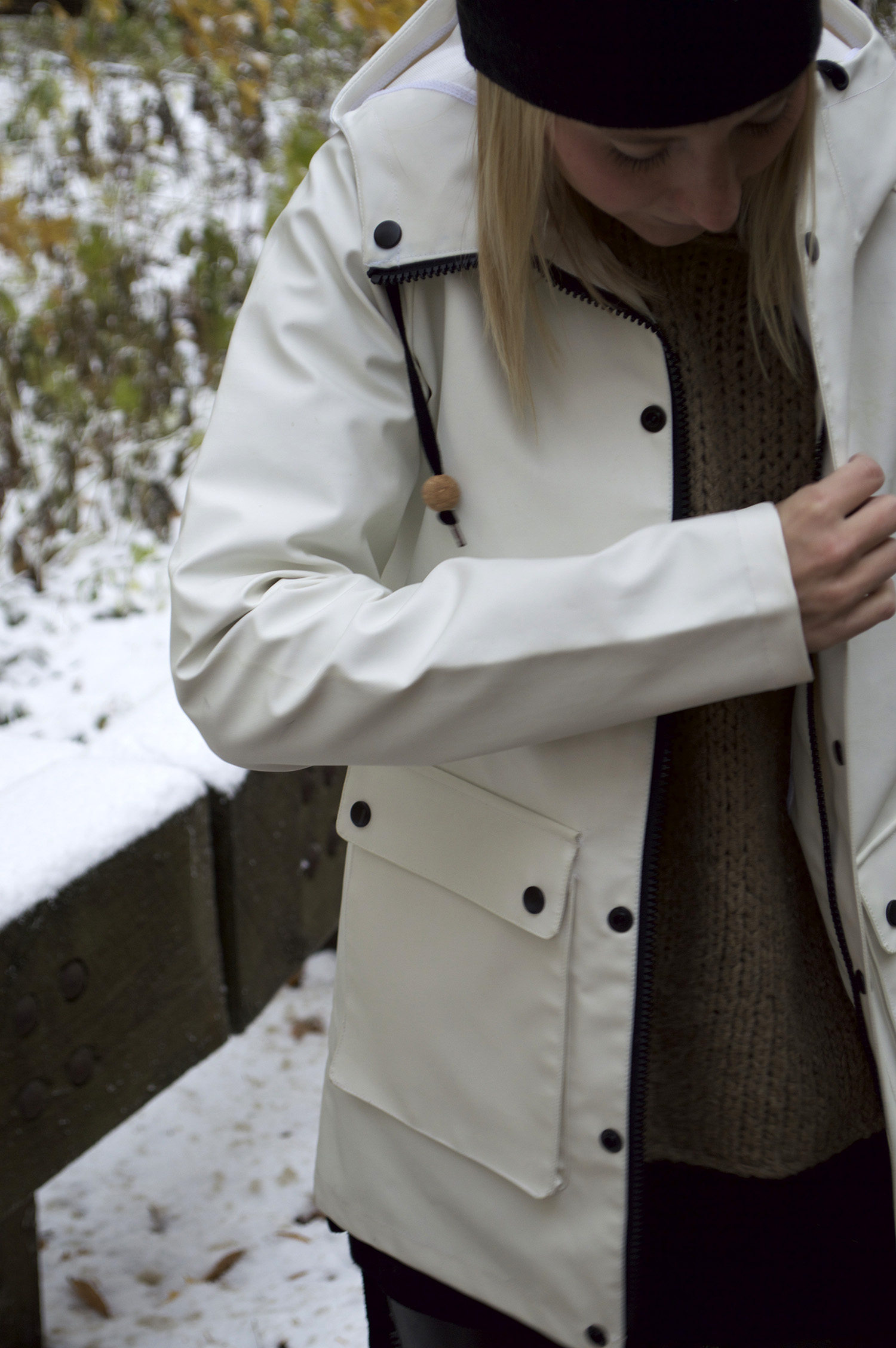 BURTON HASTINGS RAINCOAT , ADIDAS SUPERSTARS , FREE PEOPLE SWEATER, ARITZIA LEATHER LEGGINGS , UO HAT