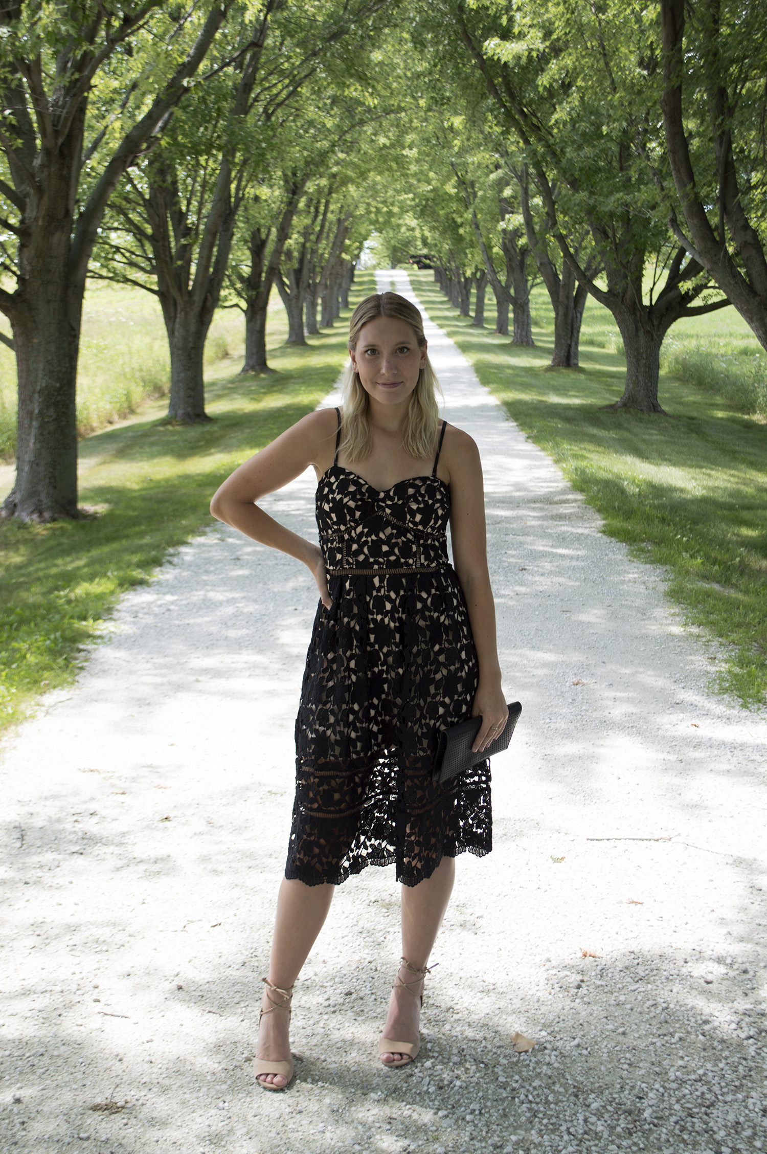 JUST ME LACE DRESS , STEVE MADDEN SANDALS , LIVIANA CONTI CLUTCH