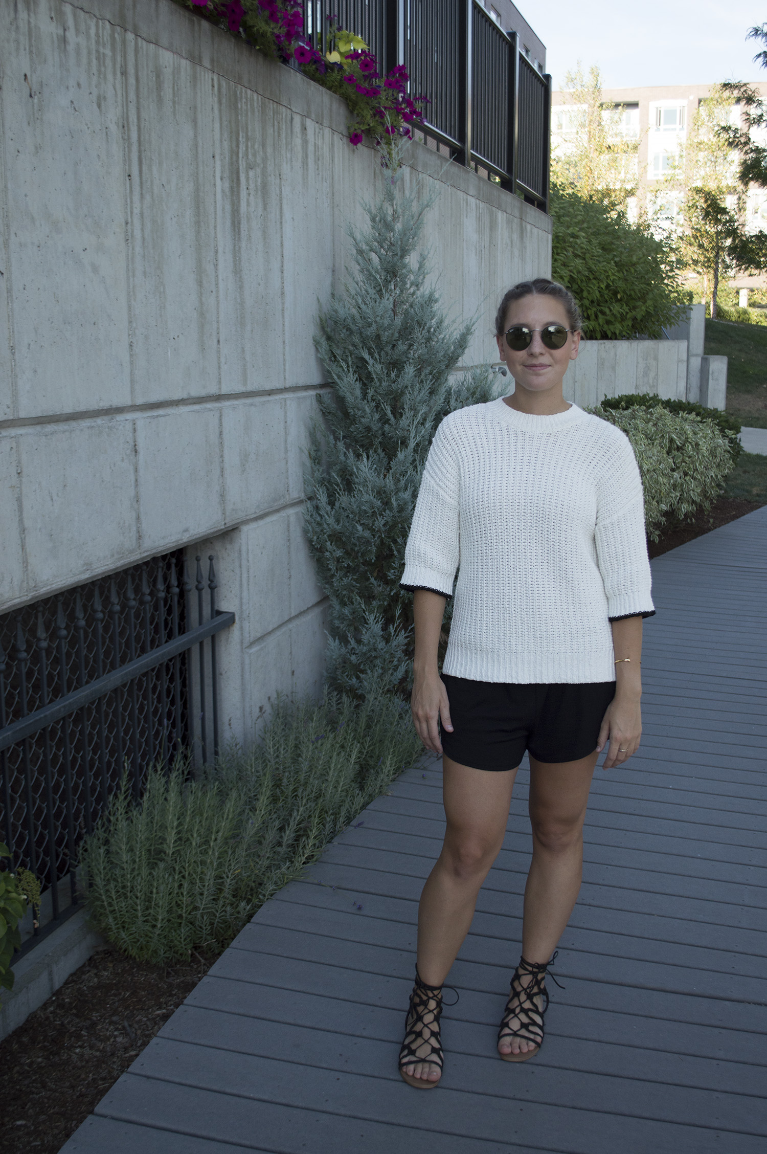 LOFT SWEATER, GOLDEN by TNA SHORTS, STEVE MADDEN SANDALS , RAY BAN SUNNIES, GILES AND BROTHER CUFF