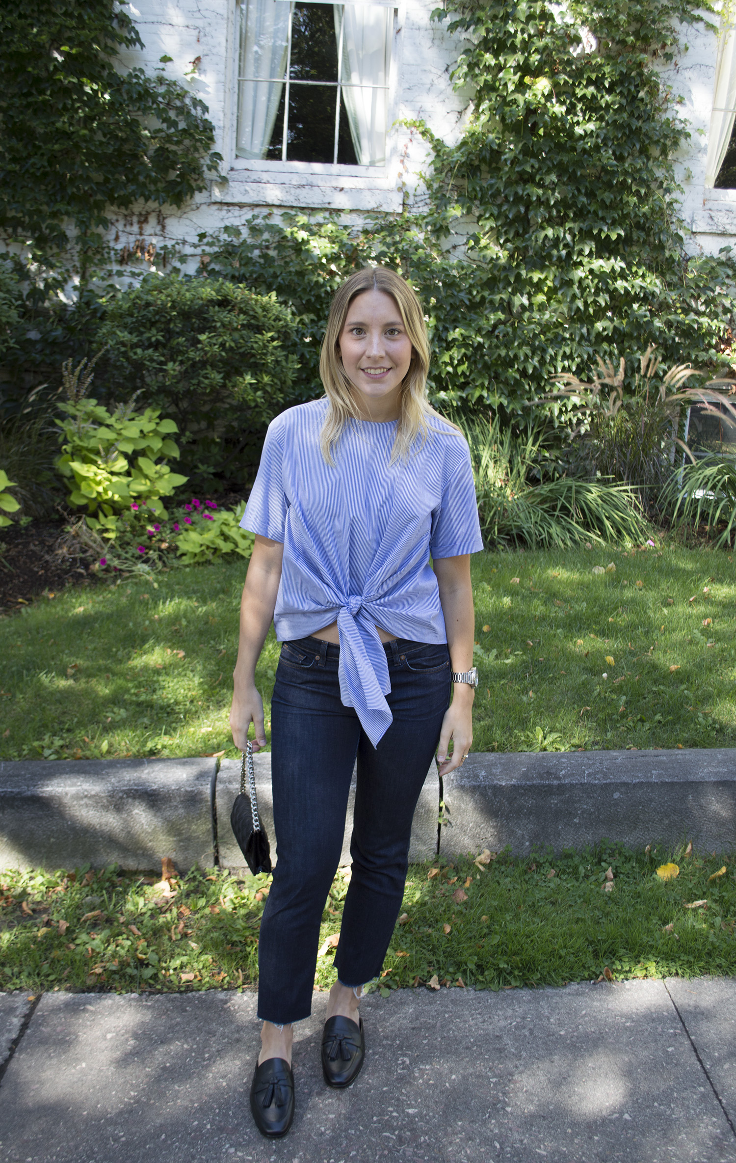 ZARA SHIRT, J BRAND JEANS, SAM EDELMAN LOAFERS , MARC JACOBS BAG