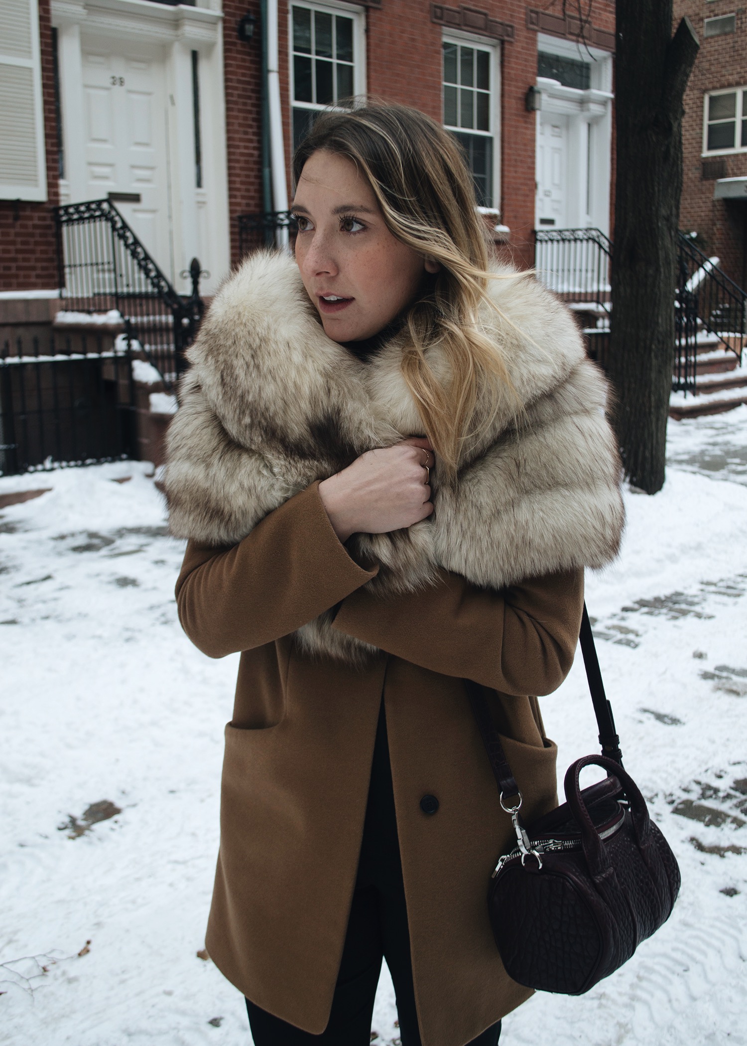 VINTAGE FUR WRAP, ARITZIA COCOON COAT , WHO WHAT WEAR TROUSERS , ALEXANDER WANG BAG AND BOOT S
