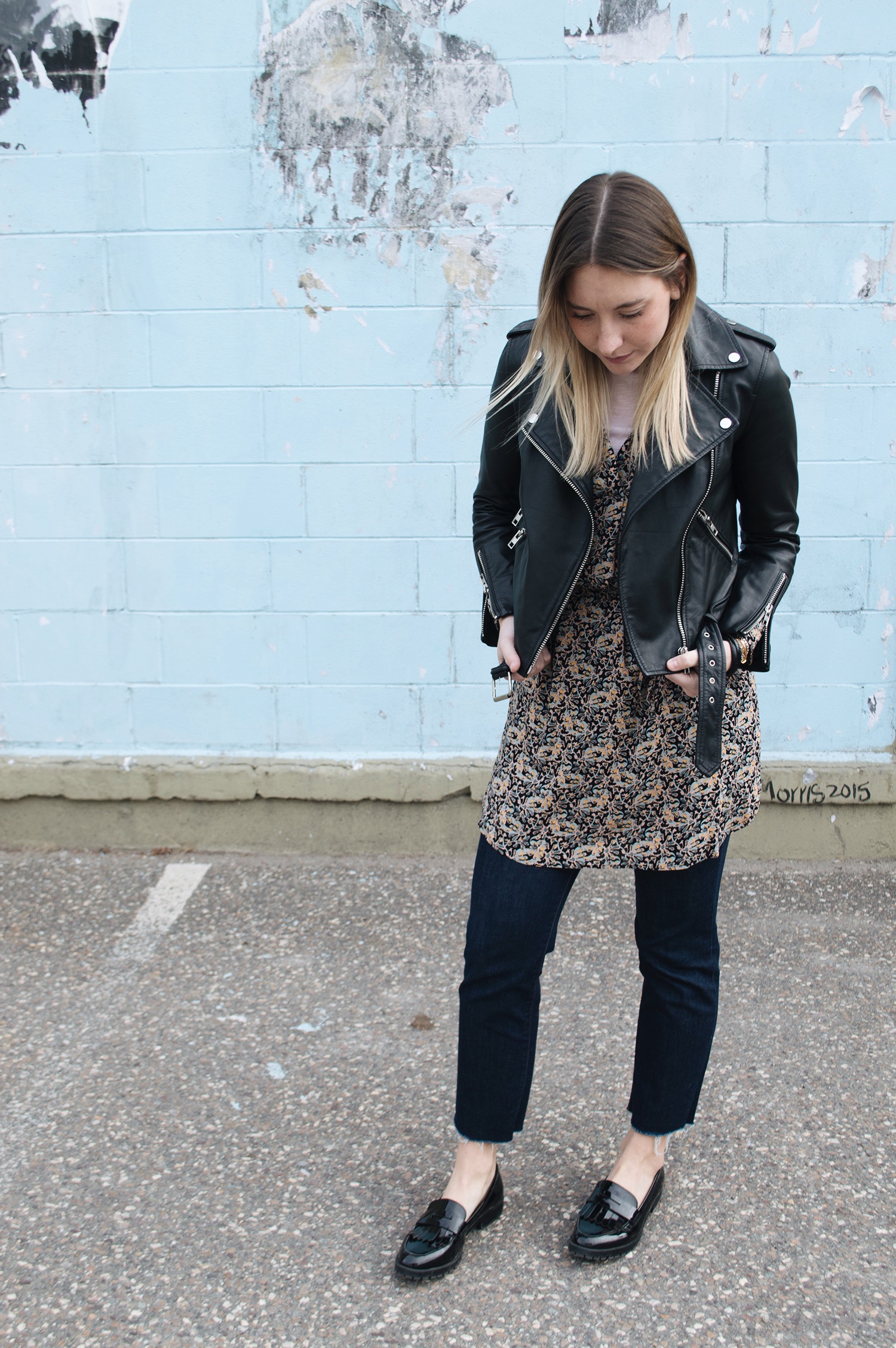 LOFT DRESS, WALTER BAKER LEATHER MOTO JACKET, J BRAND JEANS, ZARA LOAFERS