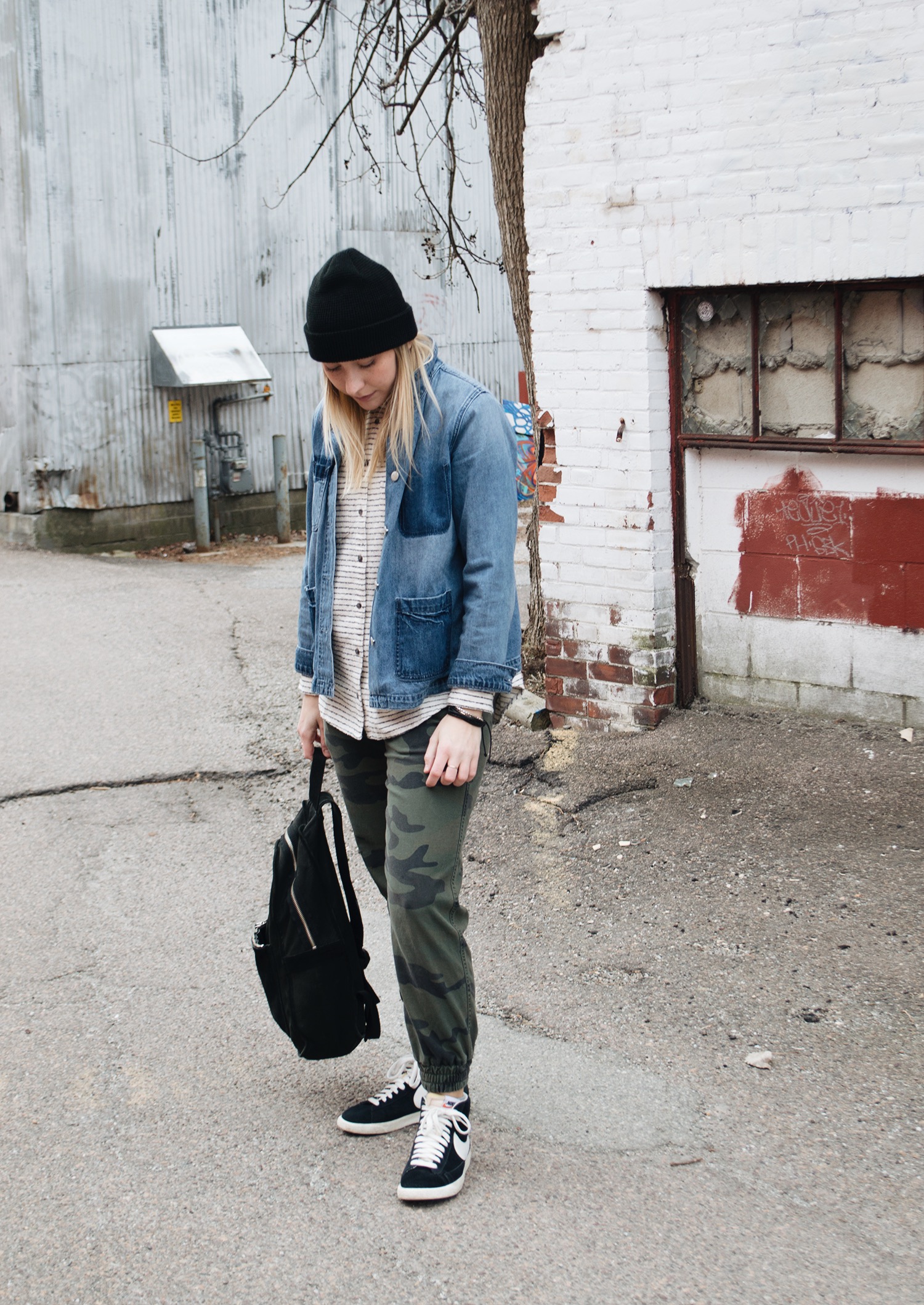 ARITZIA JOGGERS ( ON SALE ), MADEWELL FLANNEL ( ON SALE ), OLD NAVY DENIM JACKET, NIKE BLAZERS, MARC JACOBS BACKPACK