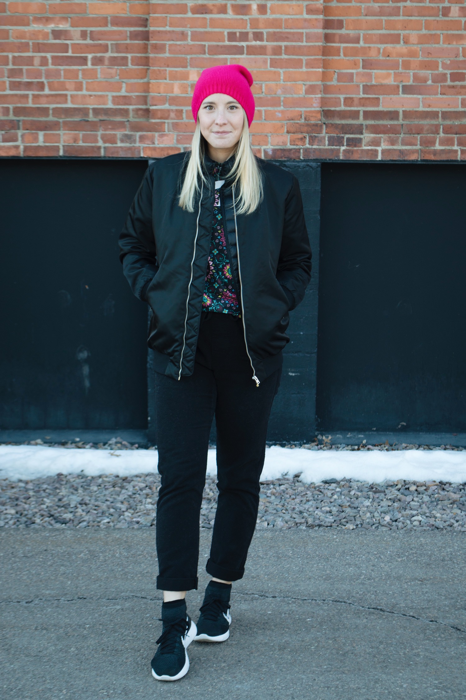 NIKELAB X R.T. TEE (SIMILAR HERE ), OBEY PANTS, NIKE LUNAREPIC SNEAKERS (ON SALE), UNIQLO VEST , ARITZIA BOMBER (SIMILAR HERE ), CASHMERE BEANIE (SIMILAR HERE )