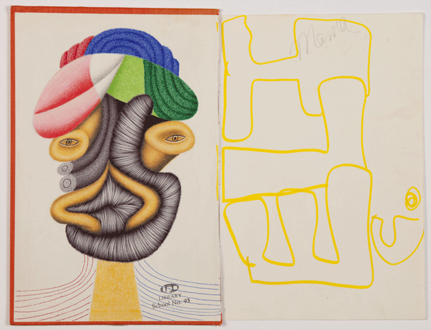   CJ PYLE  b. 1956    Eli C.,  2012, ink and colored pencil marker on vintage book cover, 10.25 x 13 inches 