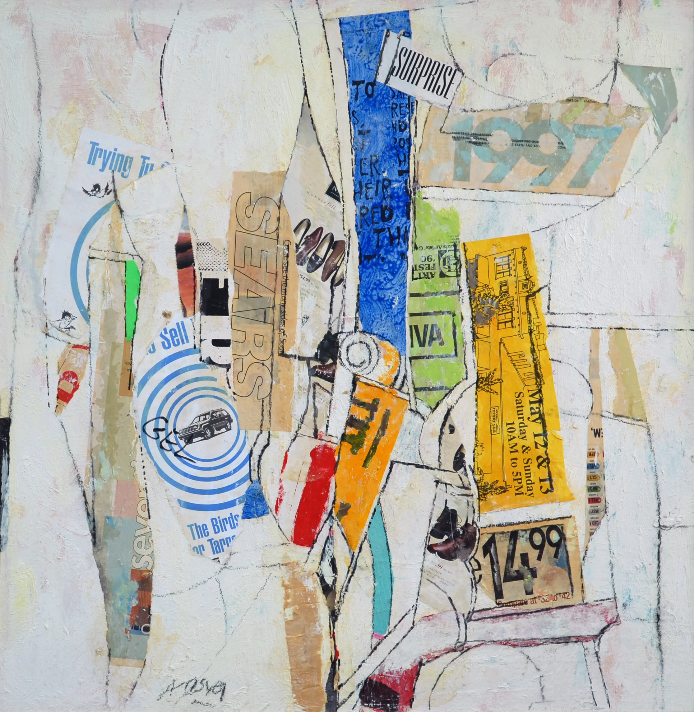   At Random (A332) , 1997, collage and oil on board,                           29x38 inches 
