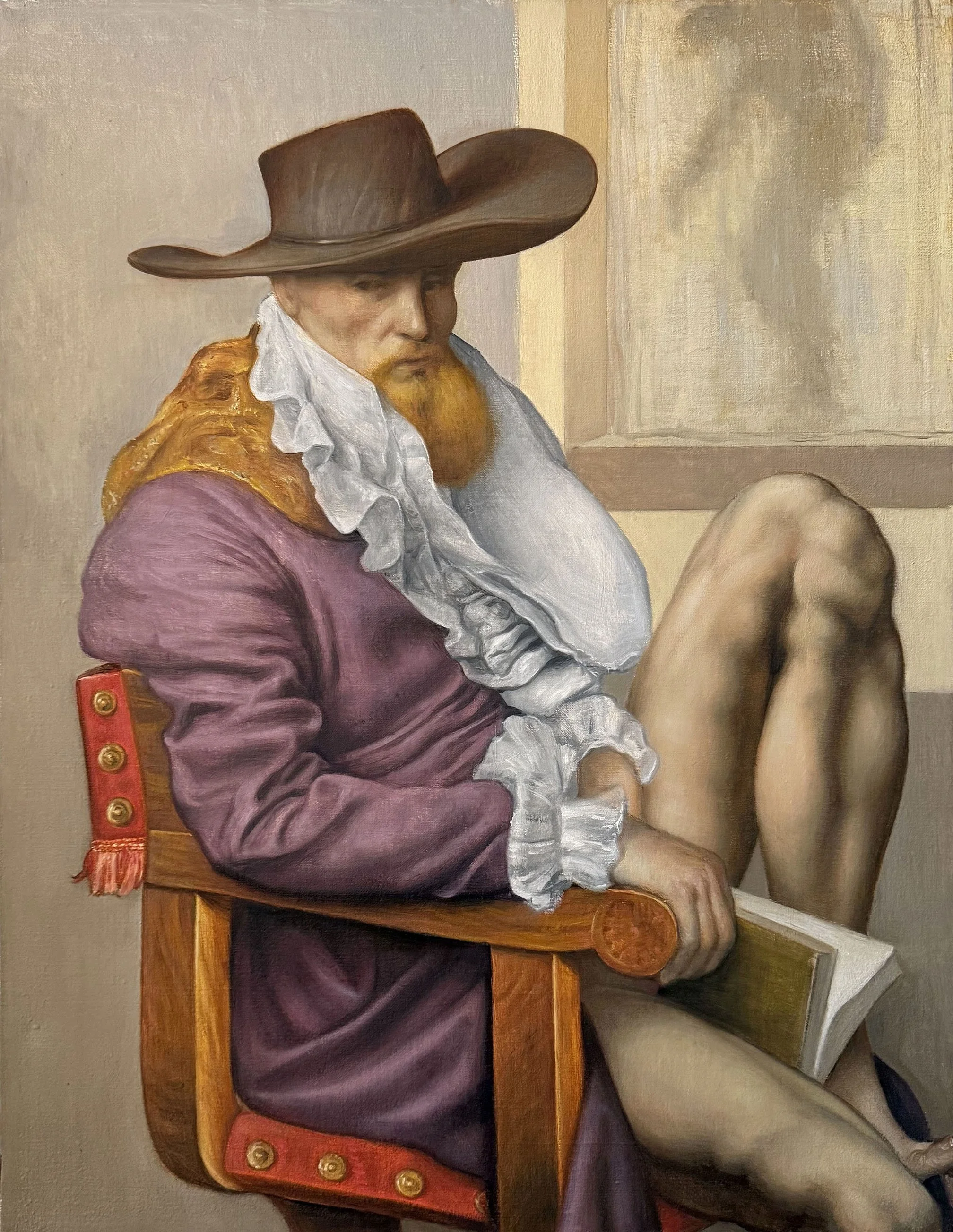   JAMIE ADAMS b. 1961    Bubba Purple Coat,  Oil on linen, 26 x 20 inches, 2025 