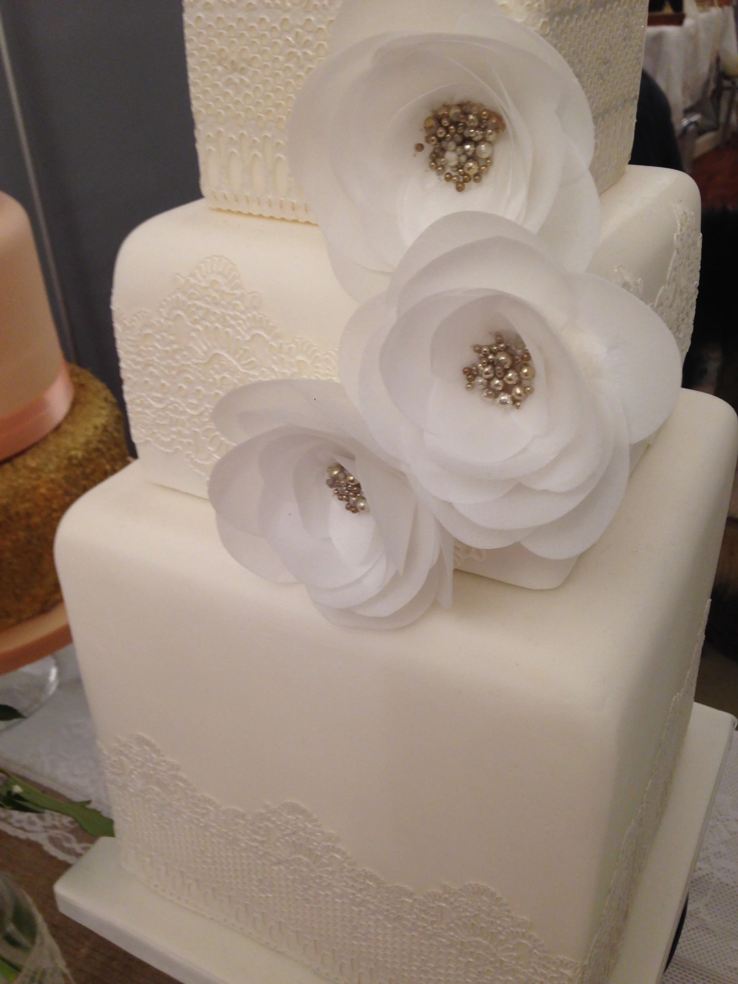 Wafer Flowers and Lace Wedding Cake