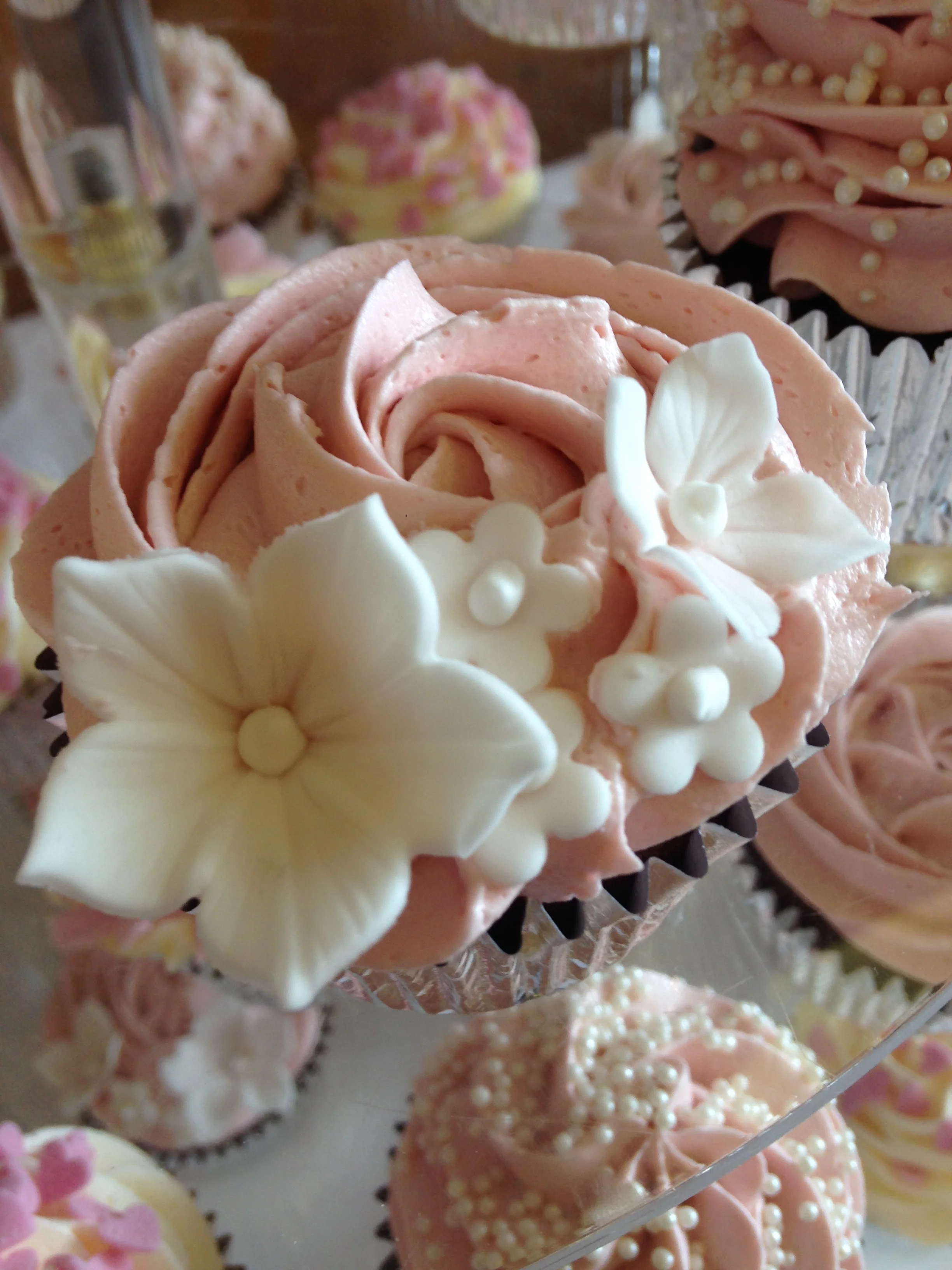 Pink with Handmade Flowers Wedding Cupcakes