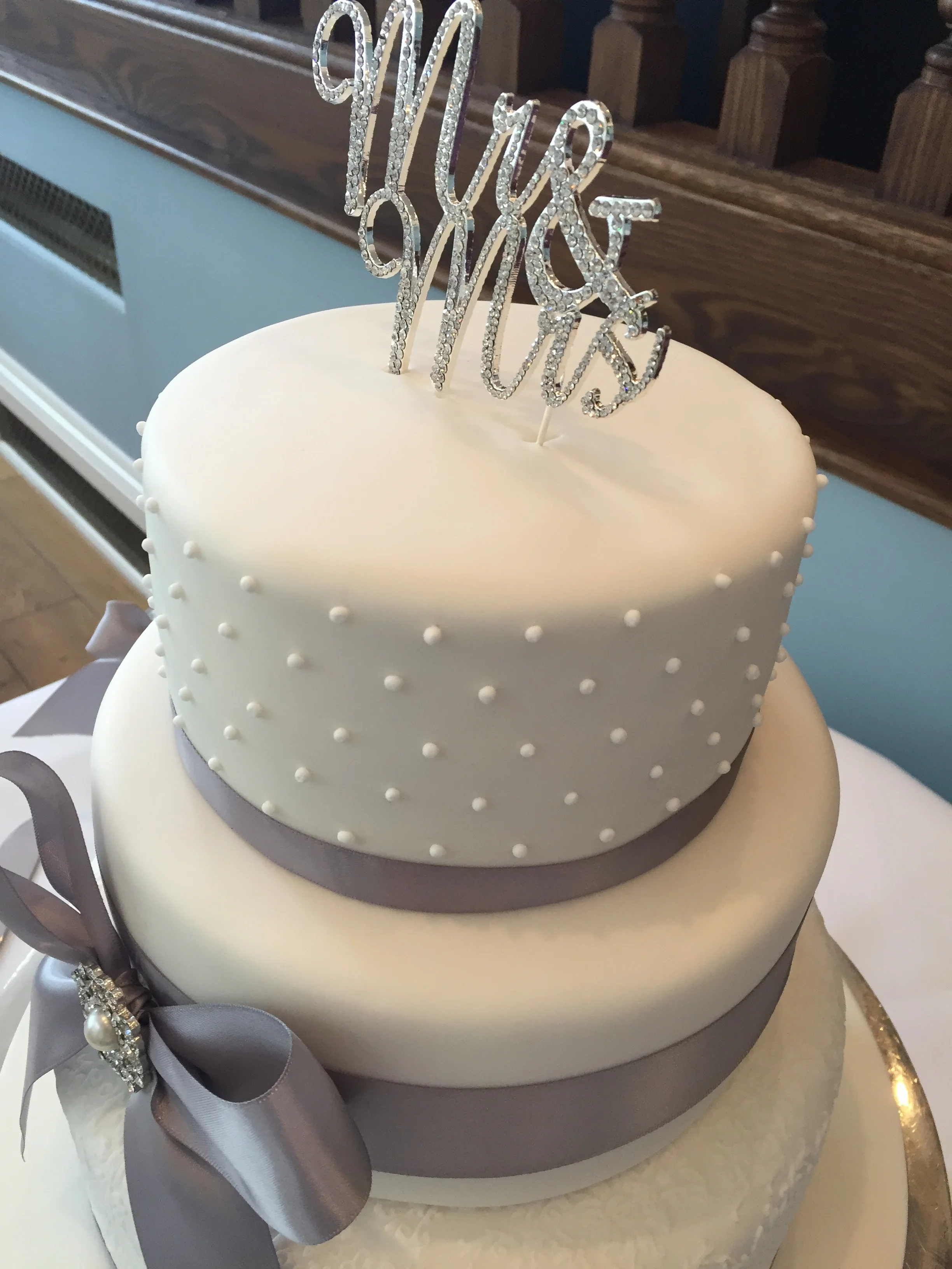 Grey and white 3 tier wedding cake
