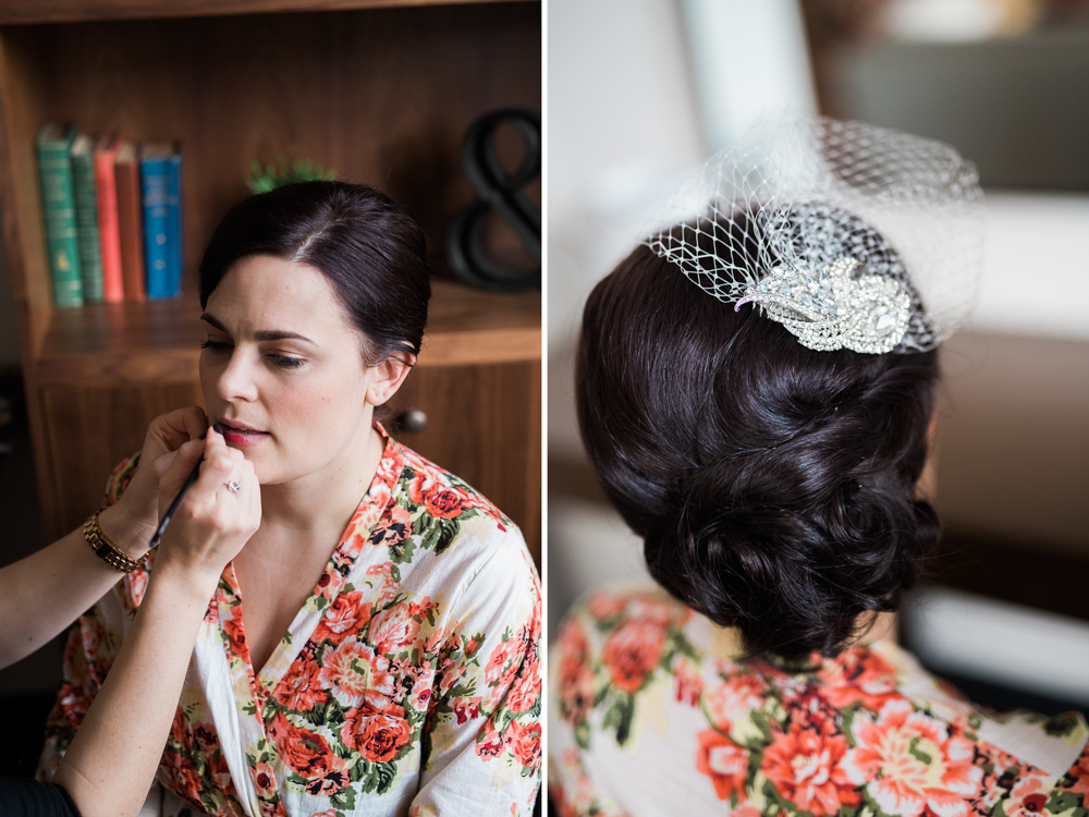 bride in floral robe with headpiece at the press hotel in portland maine