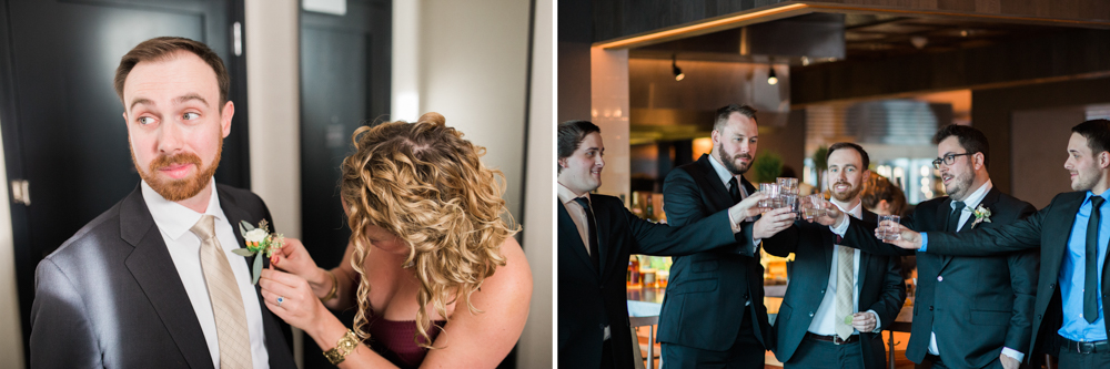 groom and groomsmen toasting a shot at the press hotel Union Restaurant in portland maine