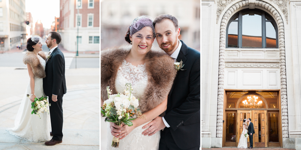 winter wedding bride and groom at the portland maine city hall and portland masonic temple