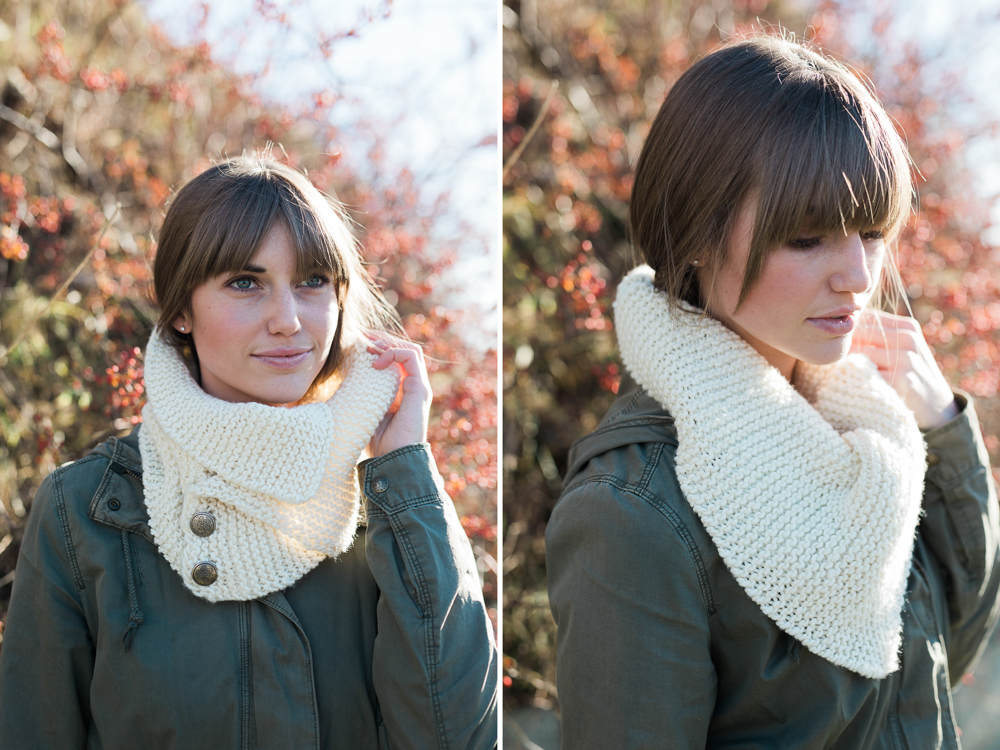 handknit cream colored neck warmer with metal buttons