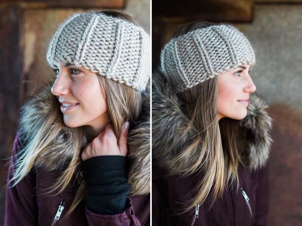 gray knit winter head band or ear warmer on model in south portland, maine