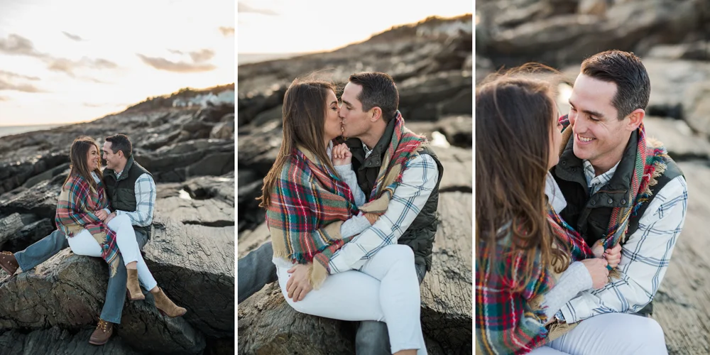 couple kissing at sunset at two lights park in cape elizabeth maine