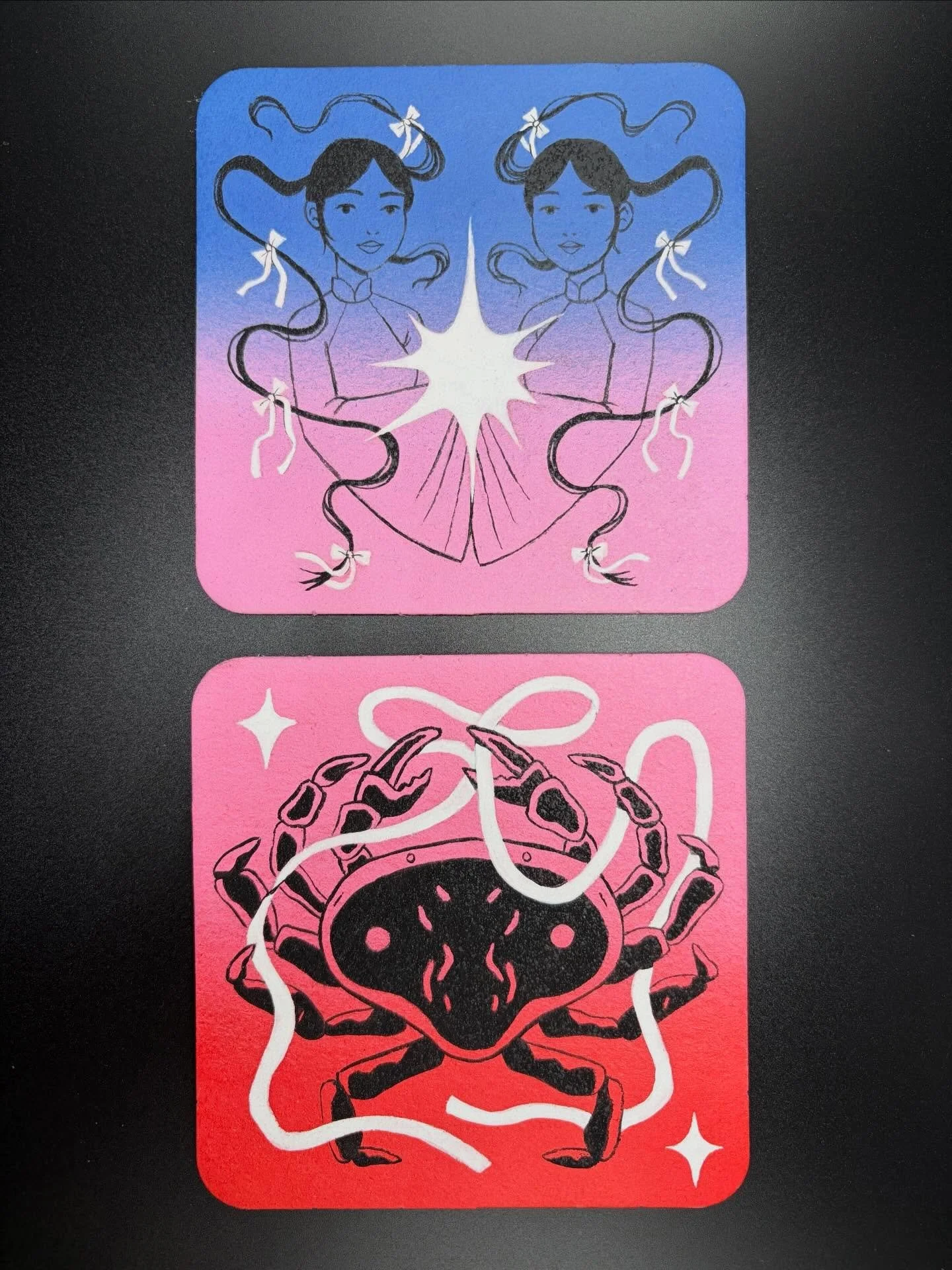 🎀👯🏻&zwj;♀️🦀💫 Coaster paintings for Nucleus Portland&lsquo;s 11th annual &ldquo;SALUT! Show.&rdquo; These will be among 1000+ originals on display and for sale from June 7-July 2 !! Opening reception is this Sunday from 1-4p. 

Tbh, since I&rsquo