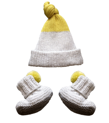 Petite Albion - Exclusive Light Grey & Yellow Baby Hat & Booties Set Bubblechops Hampstead Mums