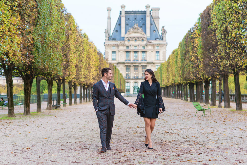 Paris photographer couple walking at Tuileries garden proposal engagement