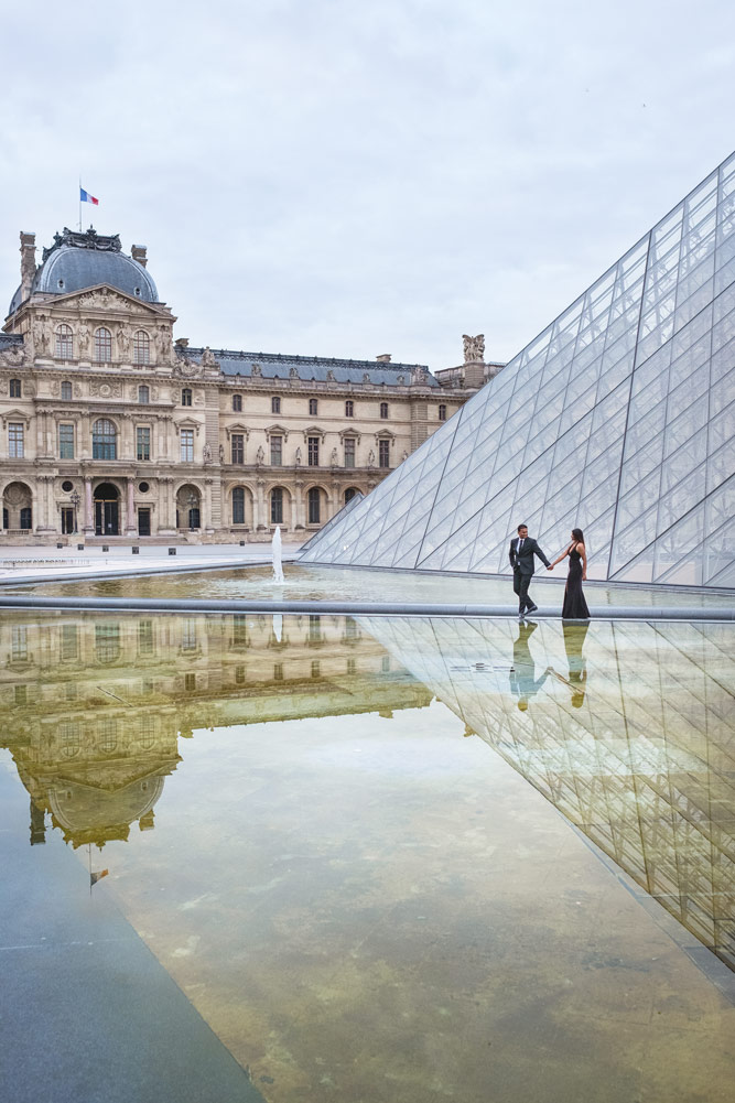 Paris photographer proposal engagement pre wedding Louvre she said yes