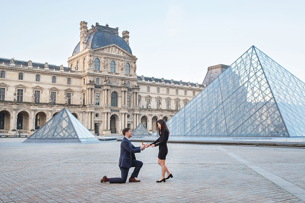 Paris for Two photography proposal engagement Louvre Museum wedding ring she said yes