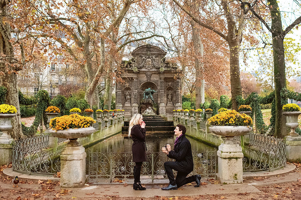 Paris for Two photography proposal engagement Luxembourg garden wedding ring she said yes