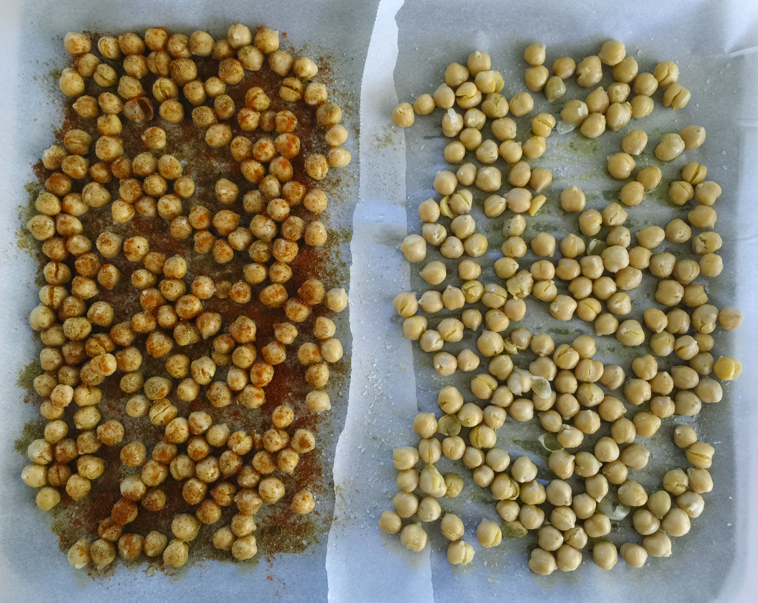 Spicy Roasted Chickpeas on the left; Salt & Vinegar Chickpeas on the right.