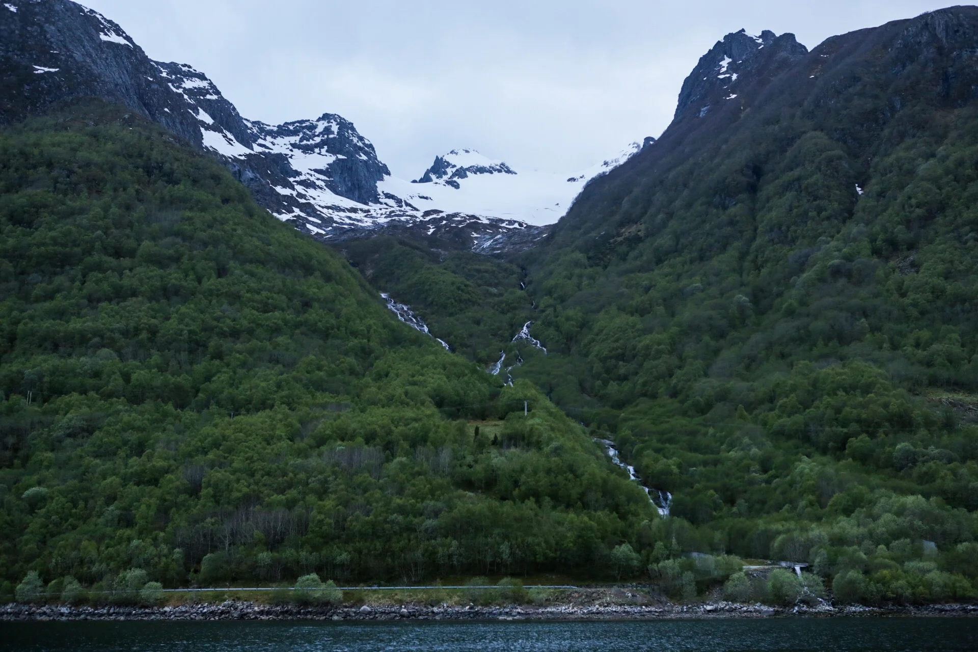 This would be our entrance point. We would walk along the waterfall until we would have hit the snow. 