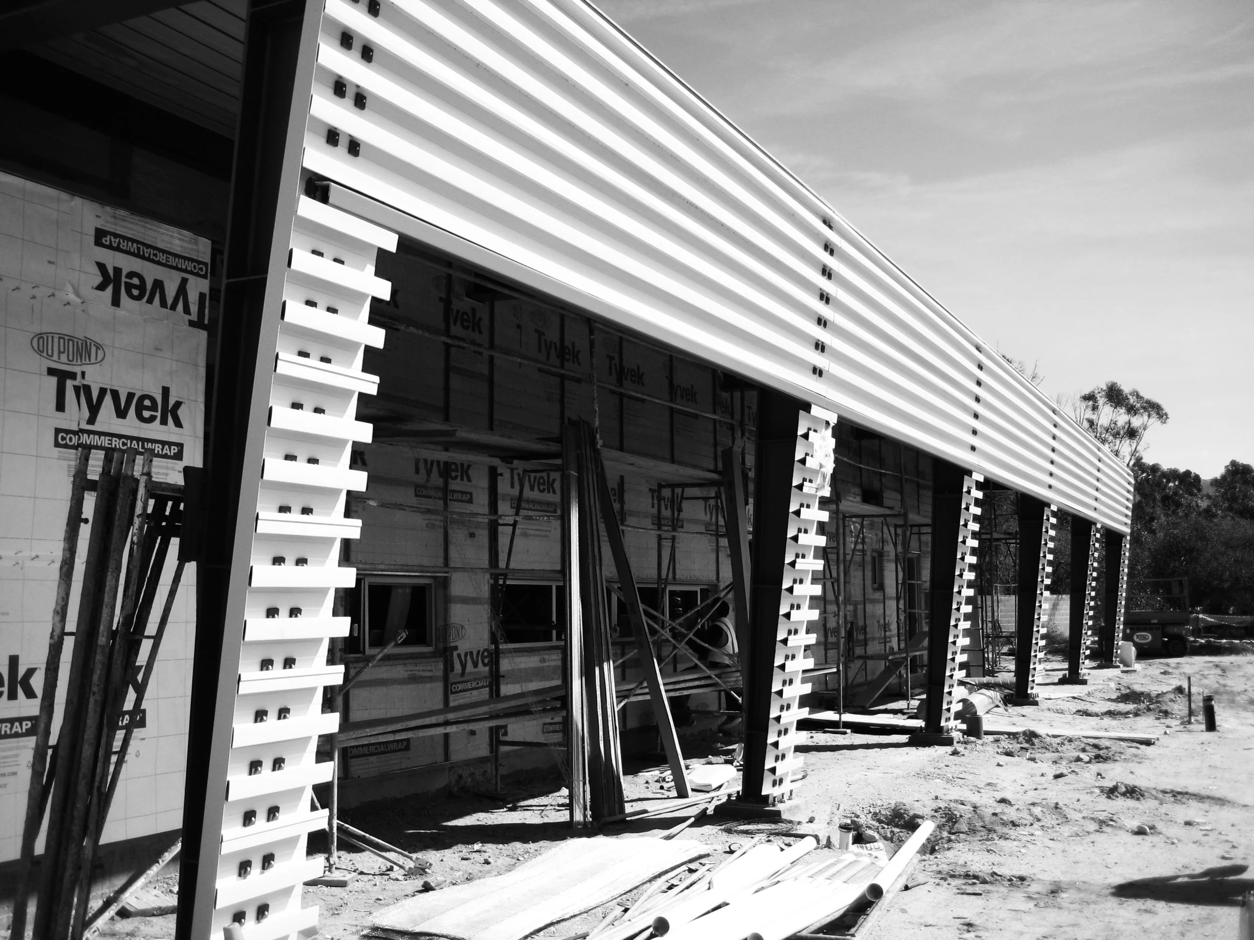A view from the south shows the Epicore decking prior to the Reynobond cladding application.