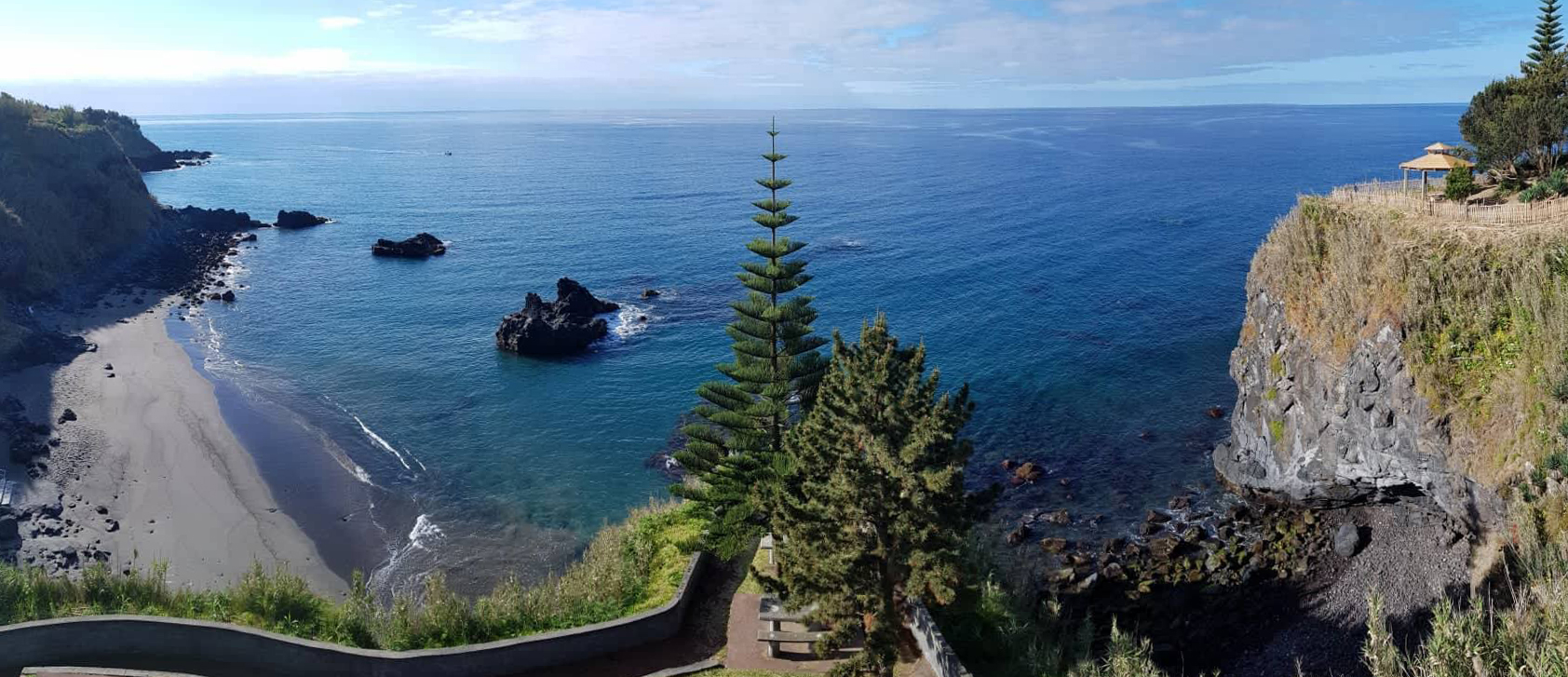 Unspoiled Black Sand Beach and the Gazebo on Quinta Oceania’s Private Cliff